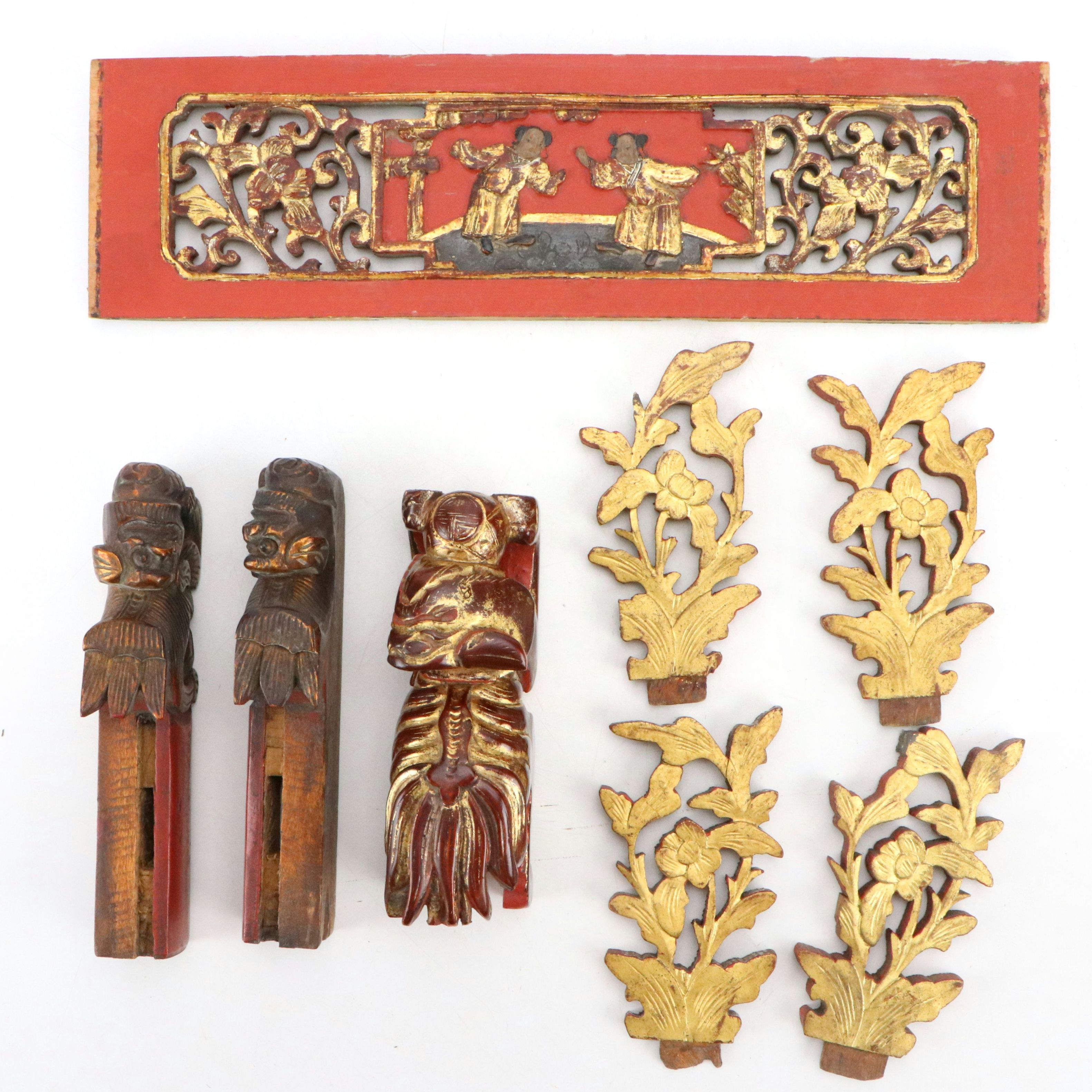 Chinese Carved Giltwood Panel, Florals, and Guardian Lions