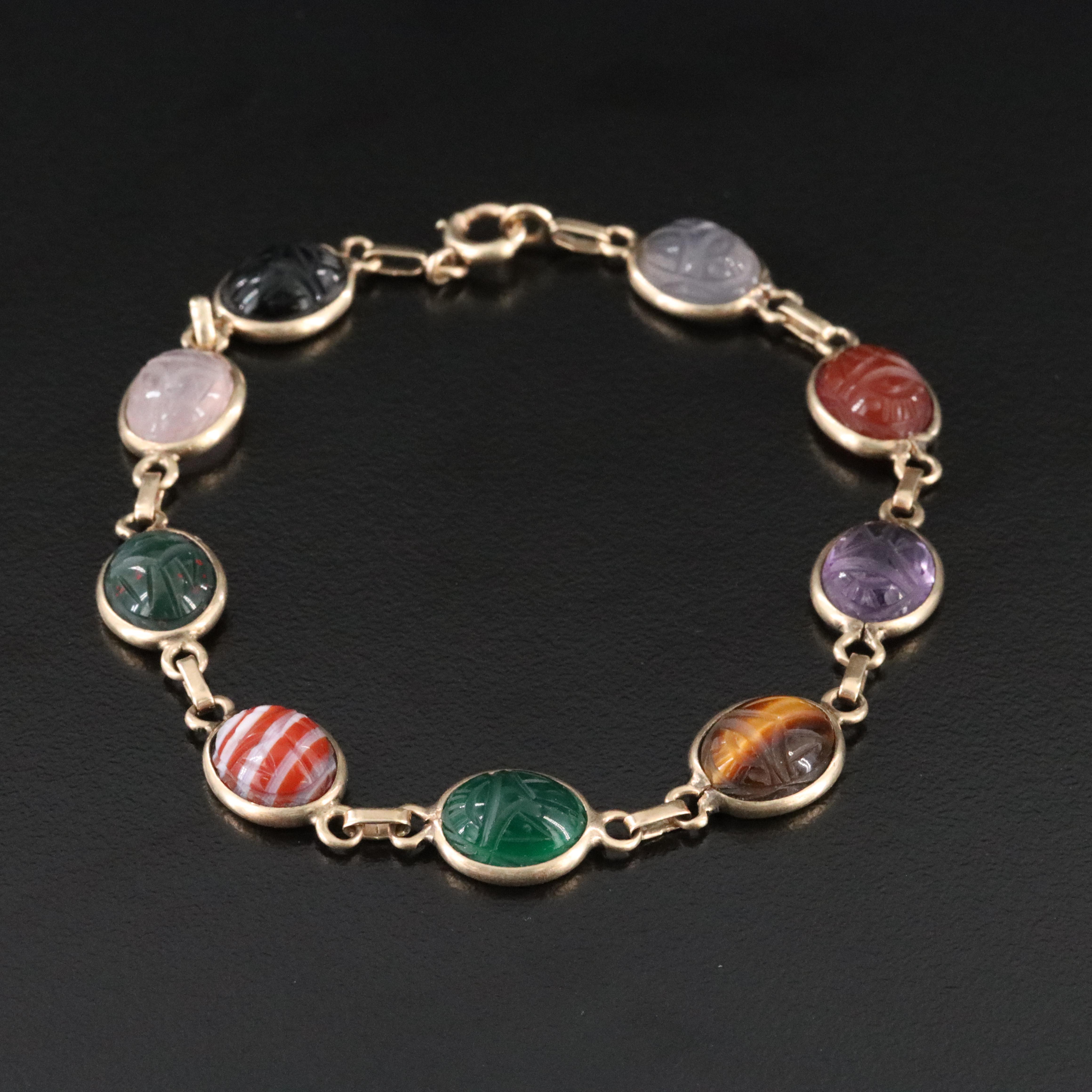14K Gemstone Scarab Bracelet Featuring Bloodstone, Agate, and Tiger's Eye