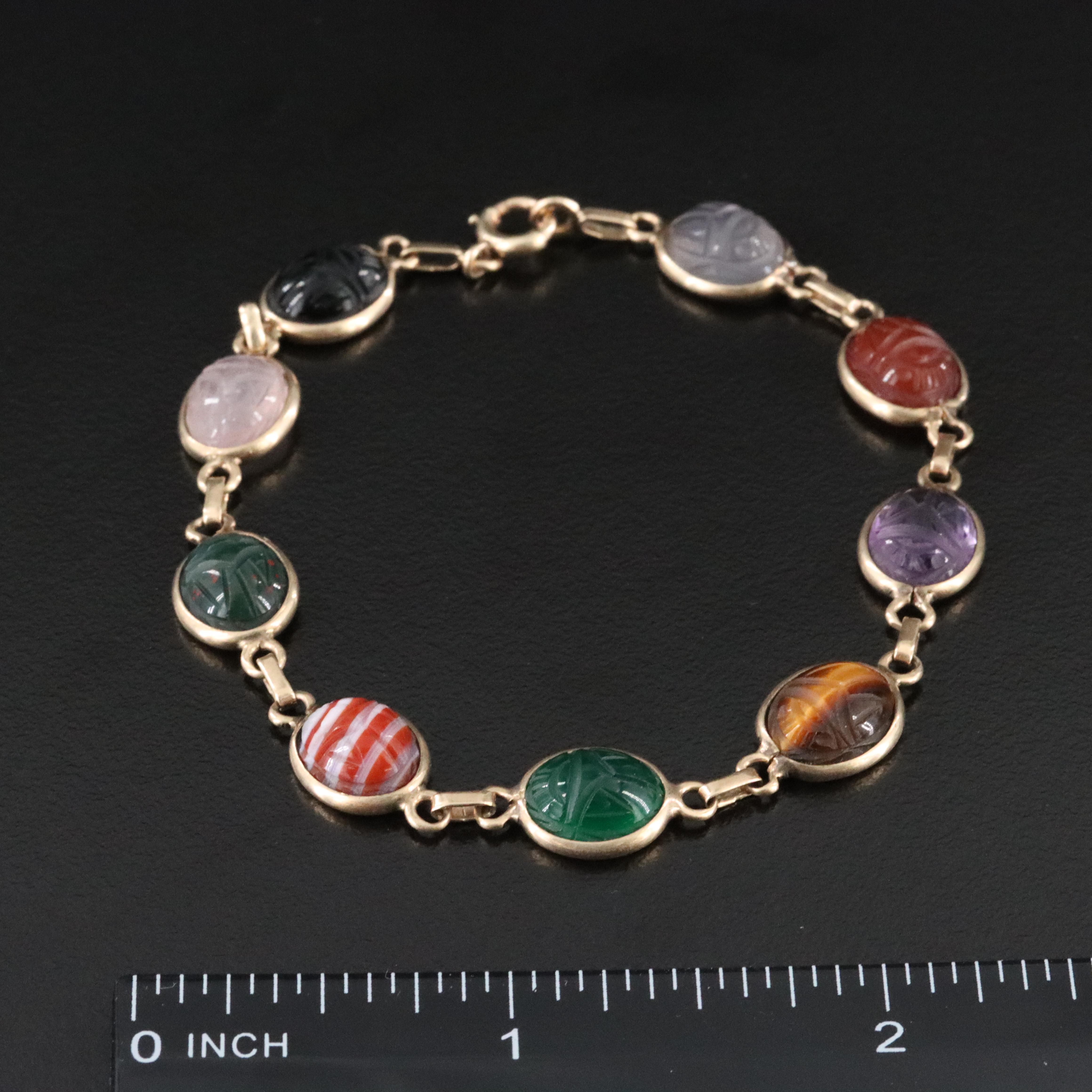 14K Gemstone Scarab Bracelet Featuring Bloodstone, Agate, and Tiger's Eye