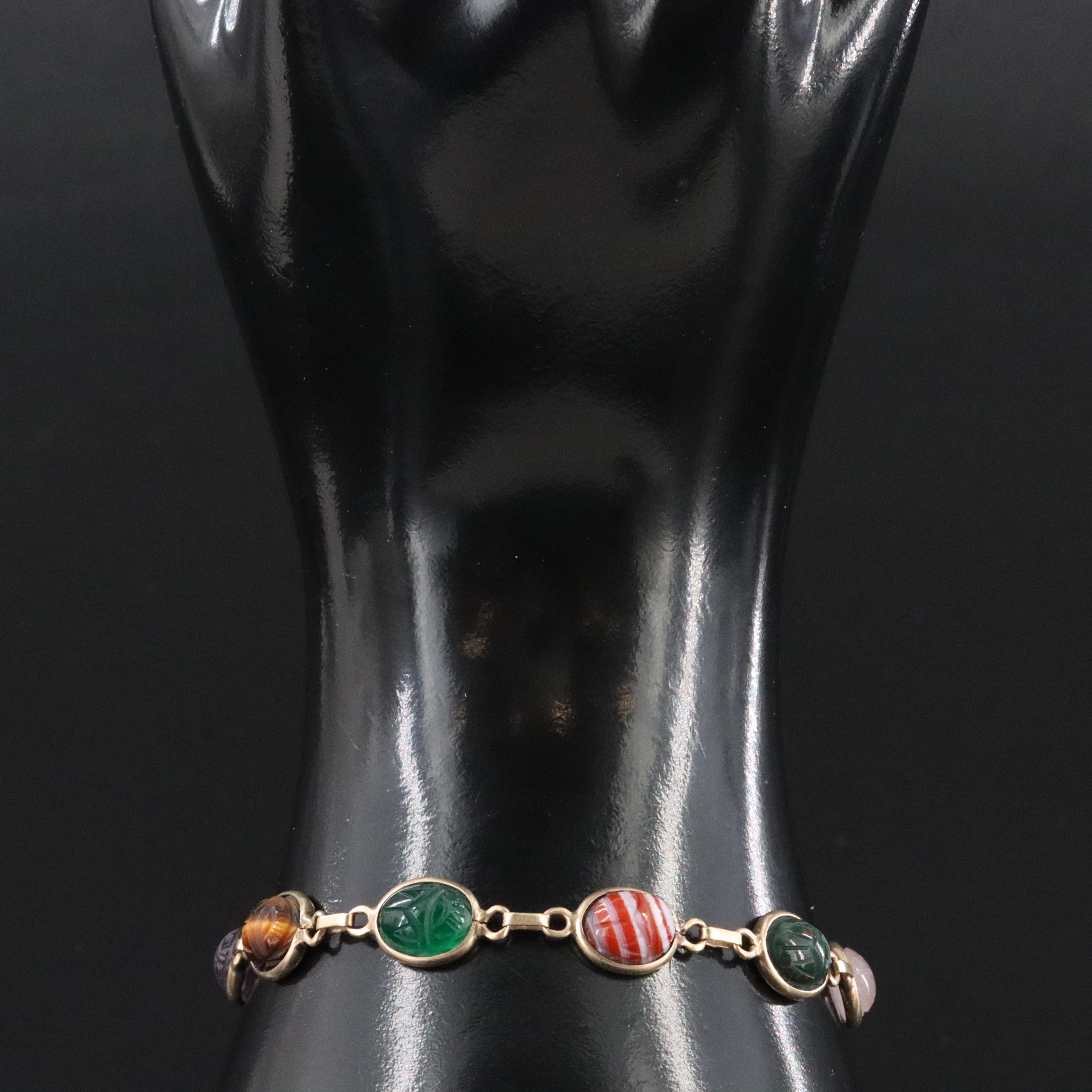 14K Gemstone Scarab Bracelet Featuring Bloodstone, Agate, and Tiger's Eye