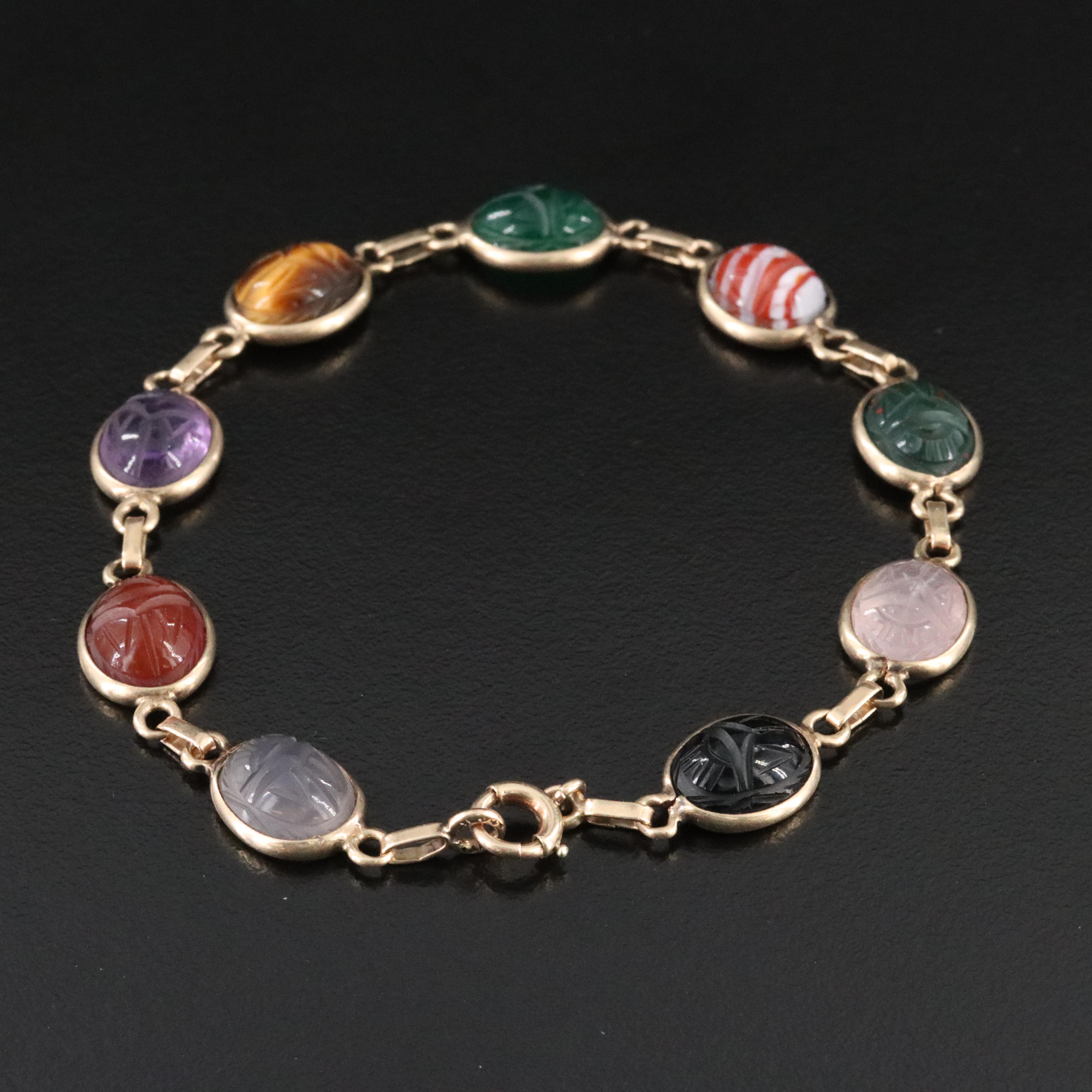 14K Gemstone Scarab Bracelet Featuring Bloodstone, Agate, and Tiger's Eye