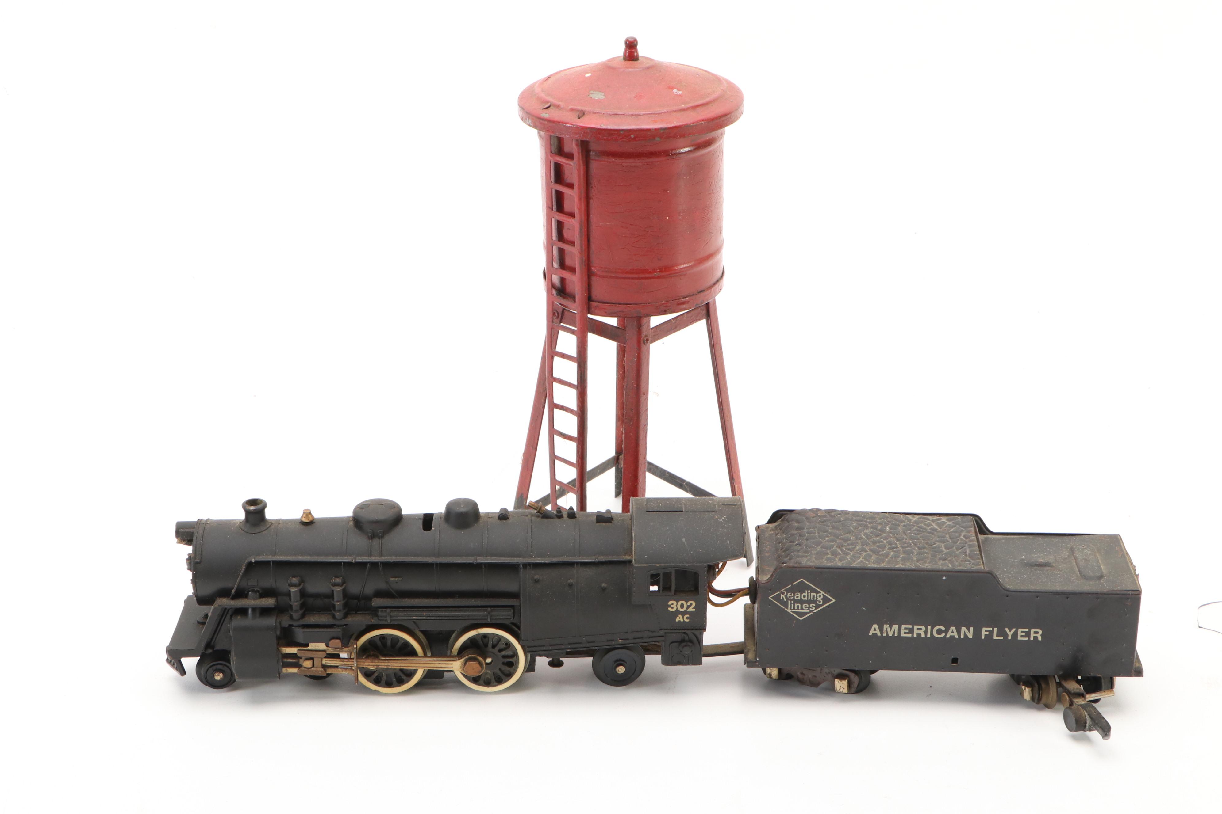 American Flyer S-Gauge Steam Locomotive, Coach Cars, Tracks and Water Tower