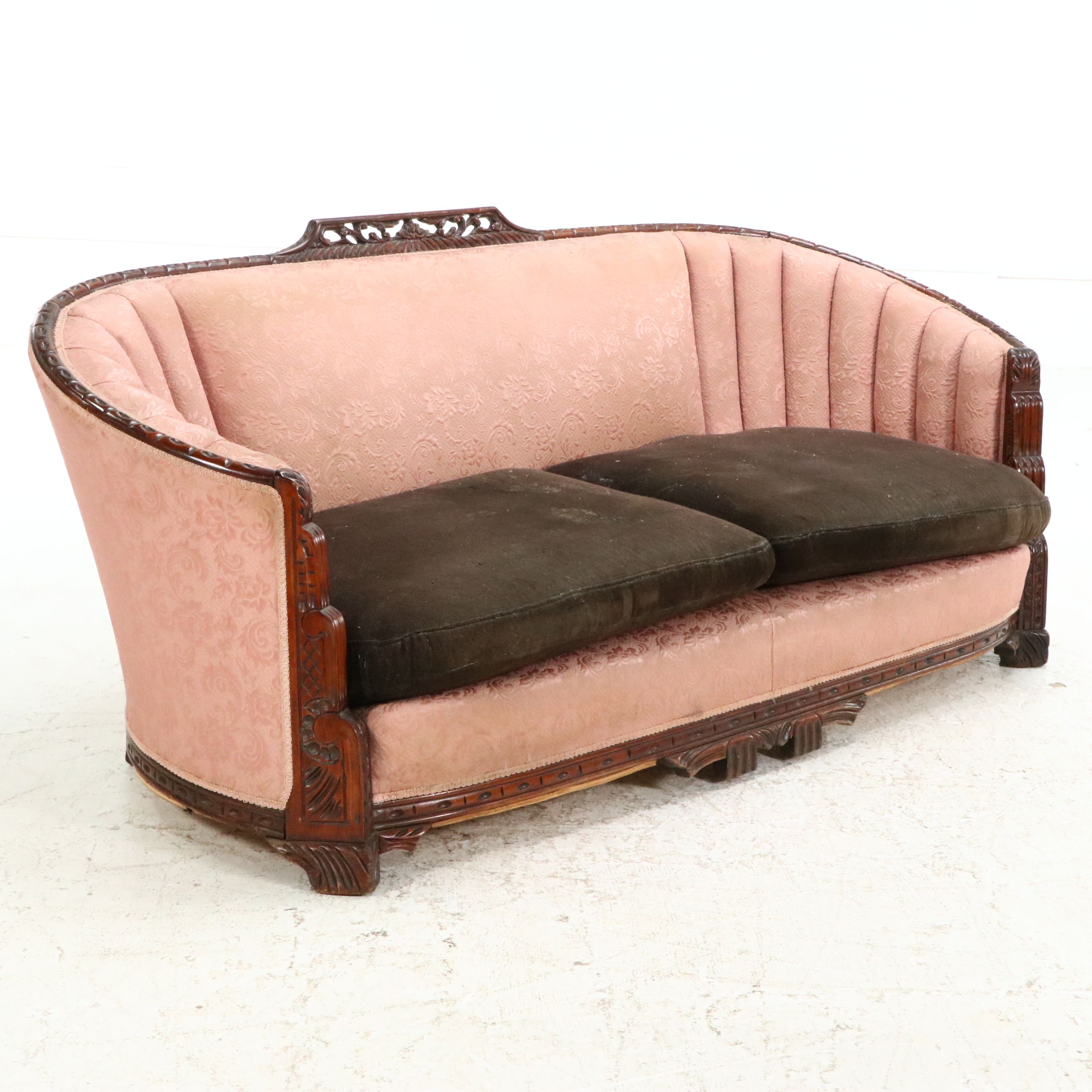 Victorian Brocade Upholstered Carved Mahogany Sofa, Late 19th Century