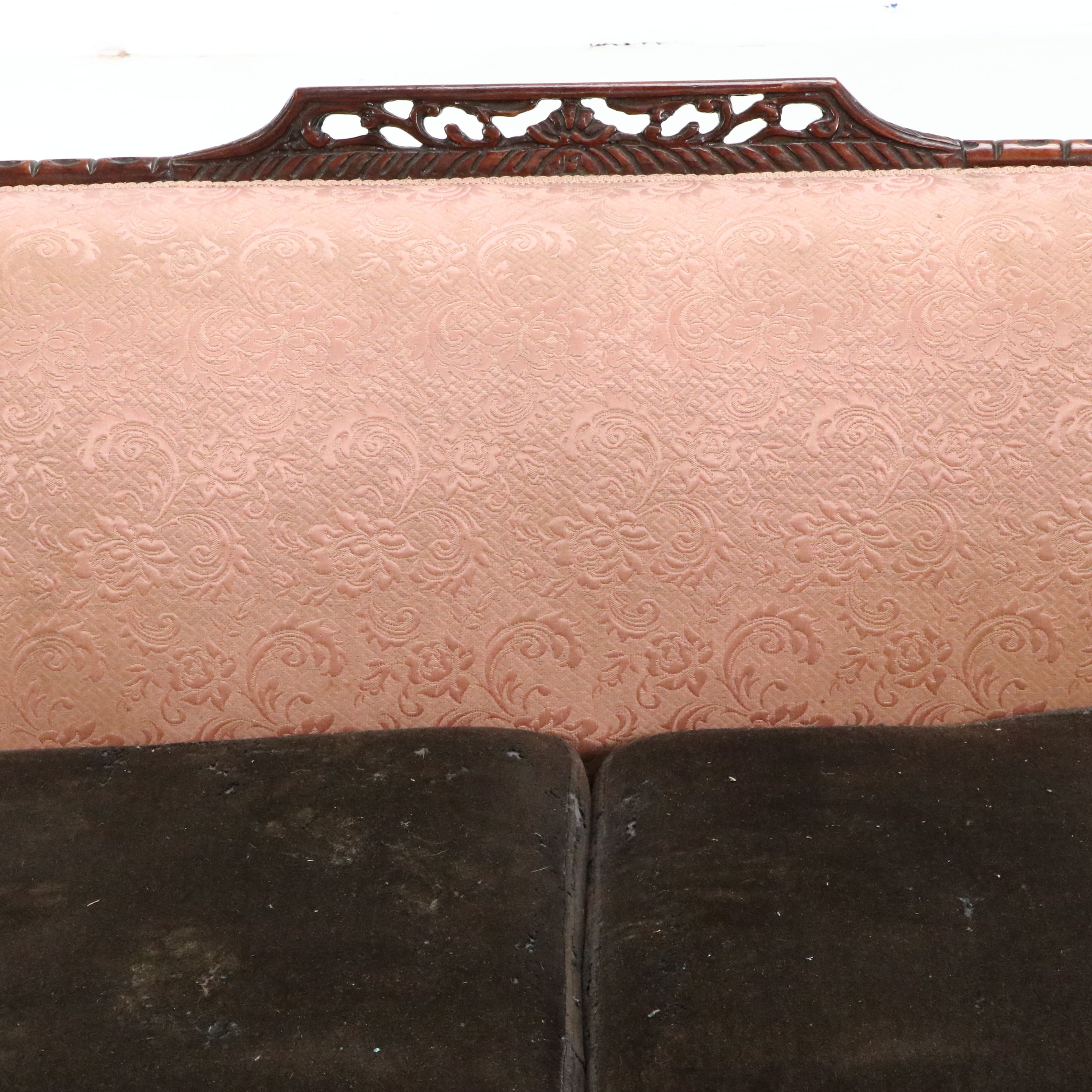 Victorian Brocade Upholstered Carved Mahogany Sofa, Late 19th Century