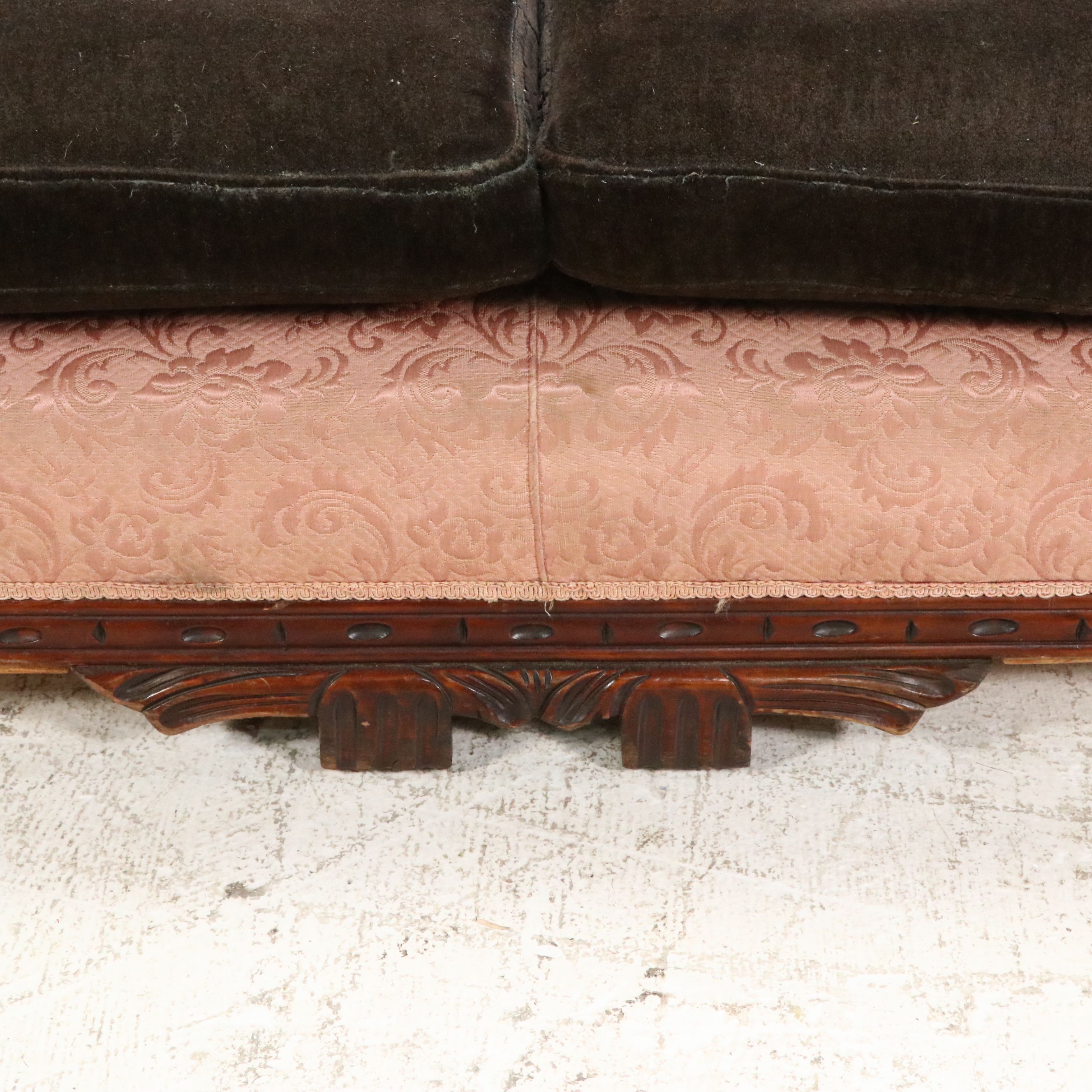 Victorian Brocade Upholstered Carved Mahogany Sofa, Late 19th Century