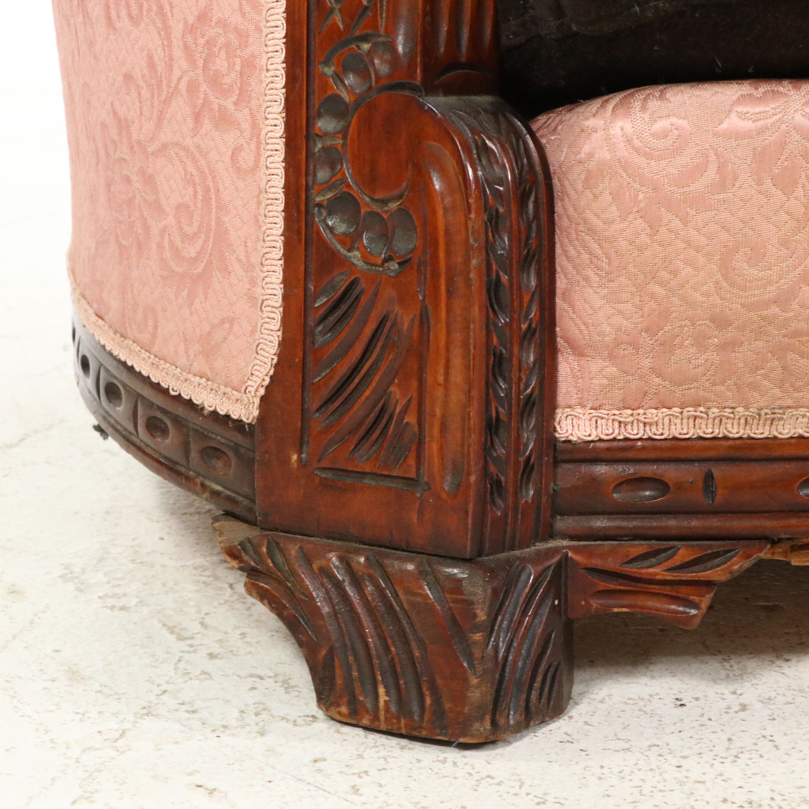 Victorian Brocade Upholstered Carved Mahogany Sofa, Late 19th Century