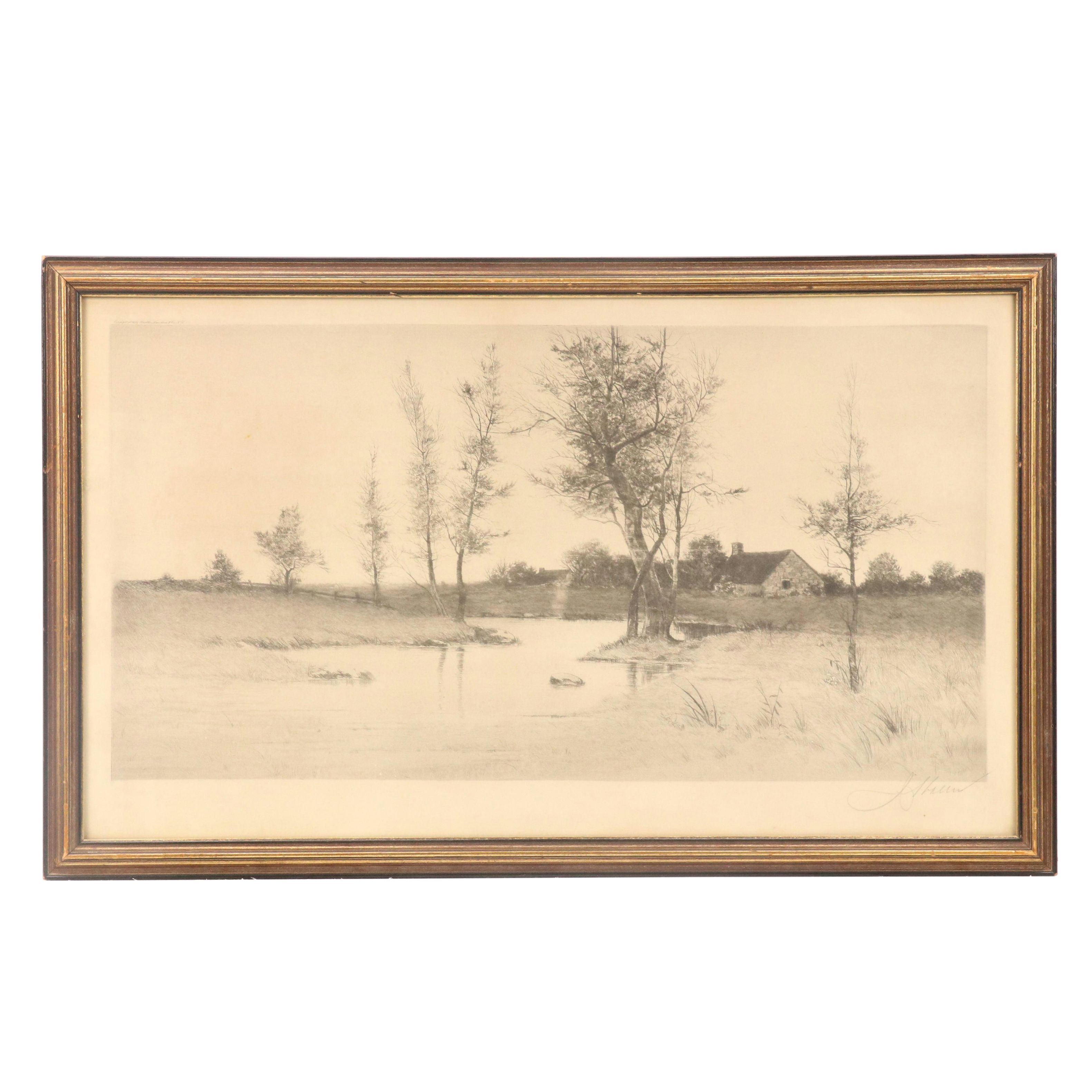 Countryside Residential Landscape Etching, Circa 1920