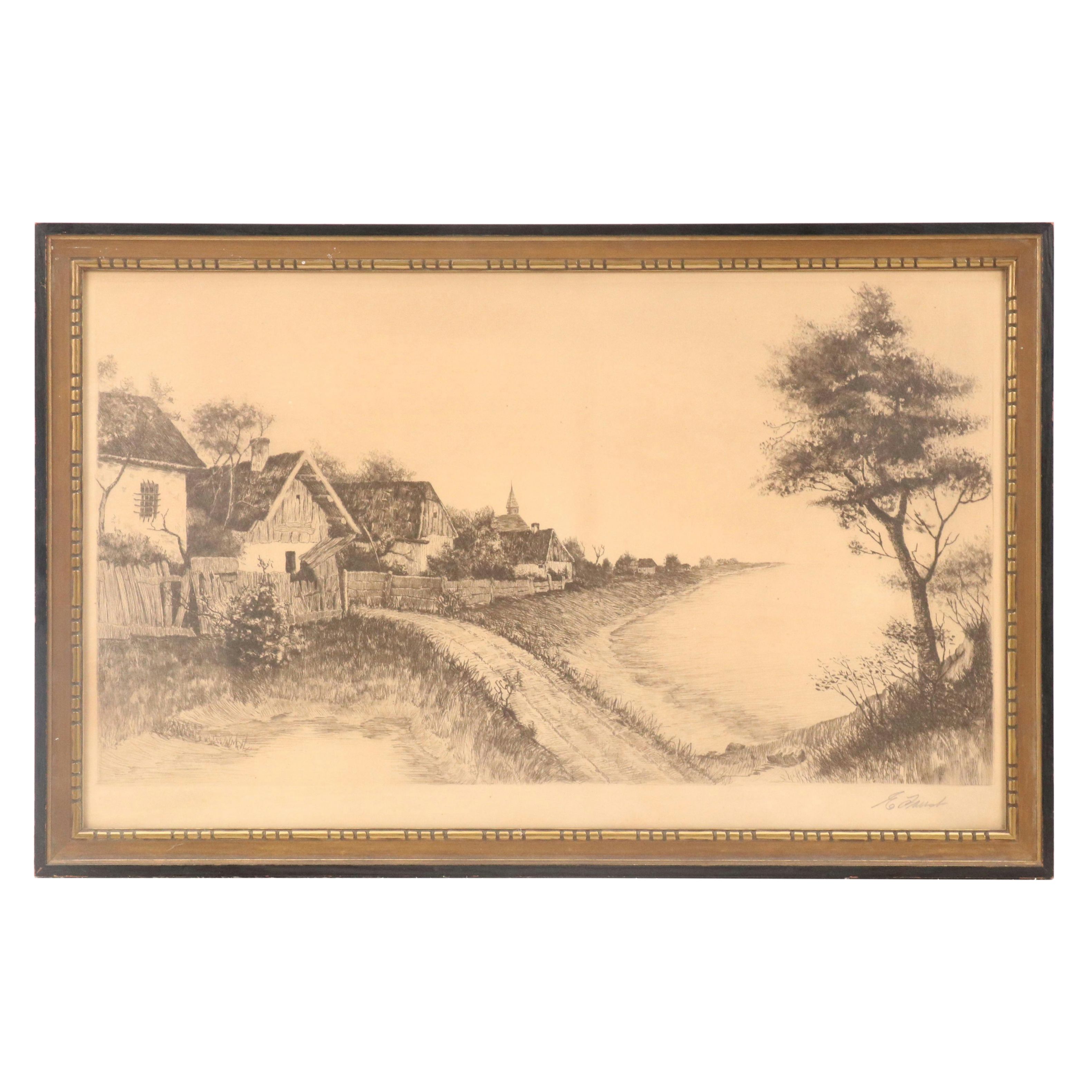 E. Faust Etching of Country Village Landscape, Circa 1930