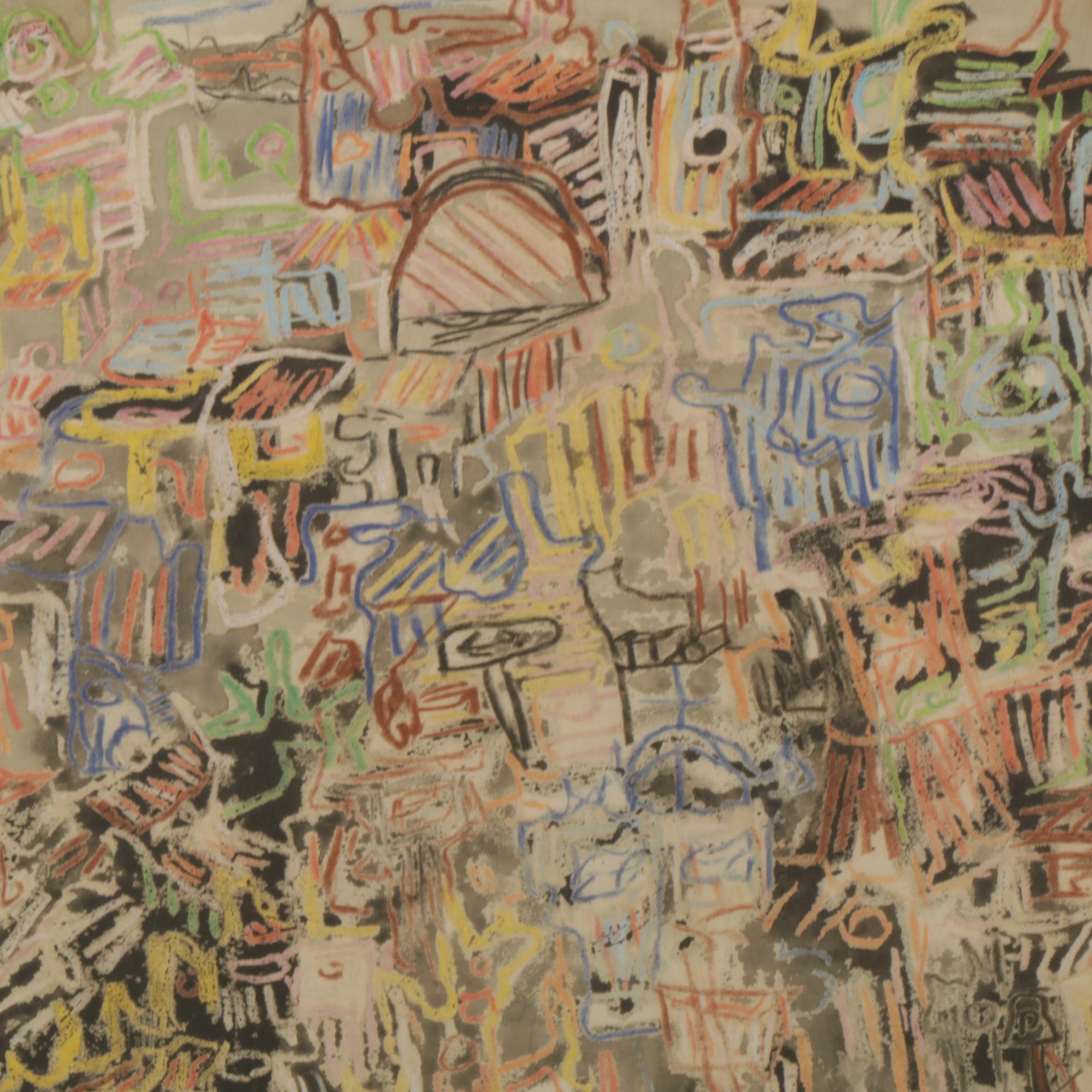 Stylized Modernist Cityscape Oil Pastel Drawing, 2000