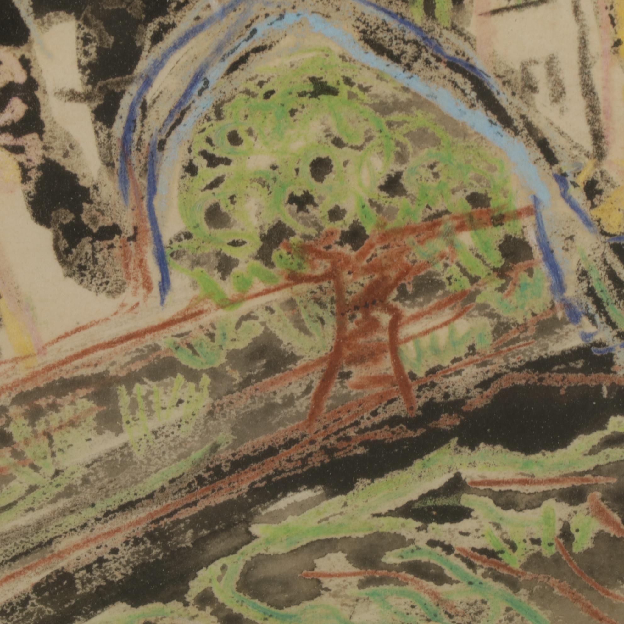 Stylized Modernist Cityscape Oil Pastel Drawing, 2000