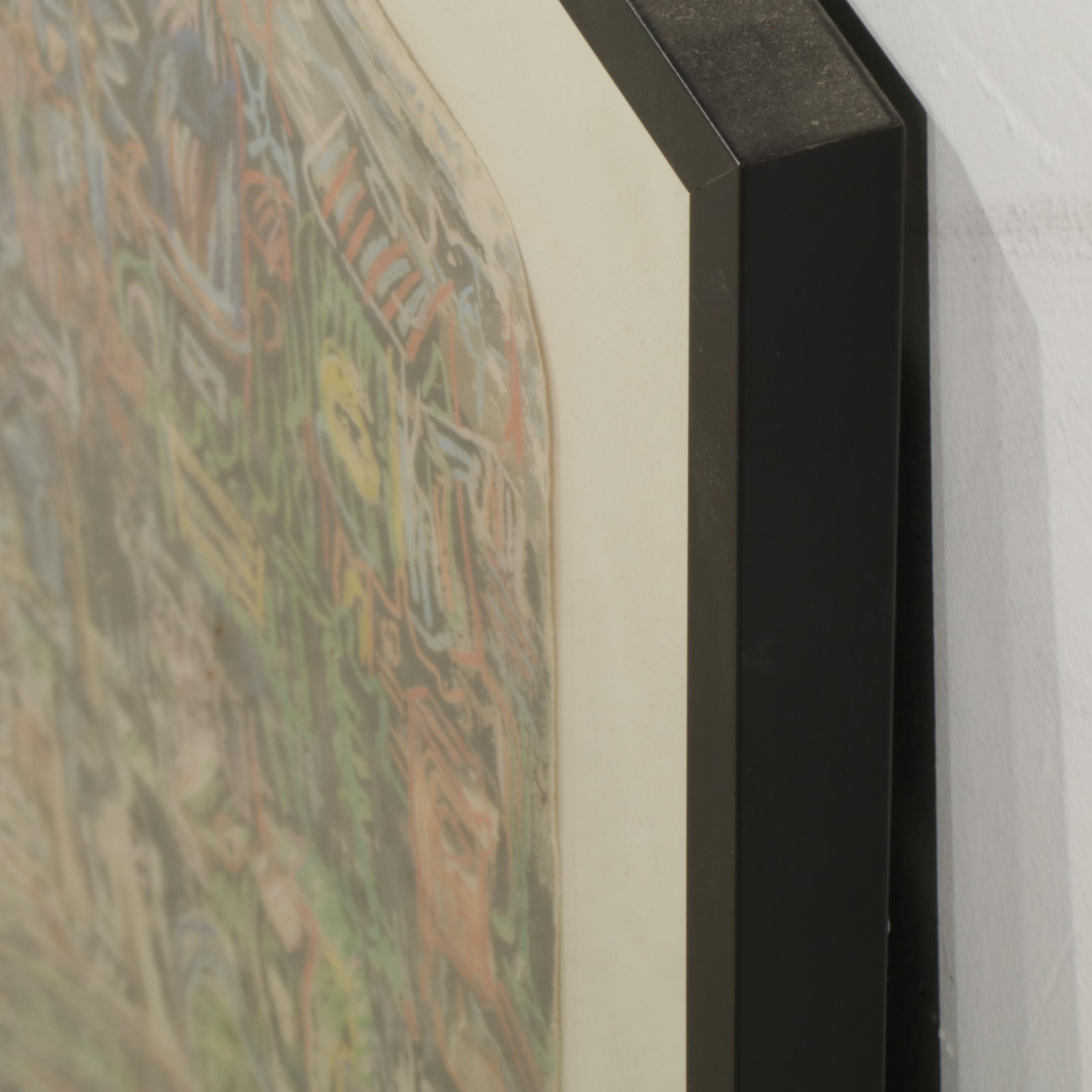 Stylized Modernist Cityscape Oil Pastel Drawing, 2000