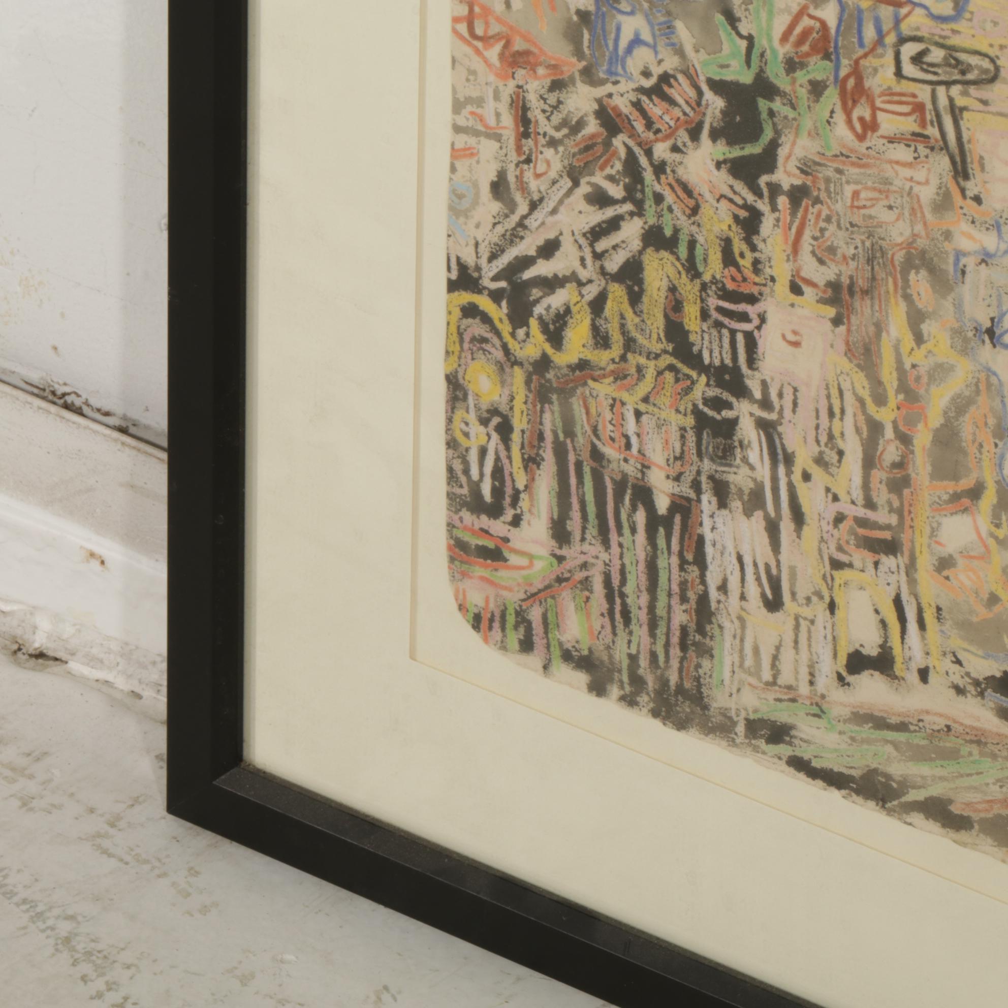 Stylized Modernist Cityscape Oil Pastel Drawing, 2000