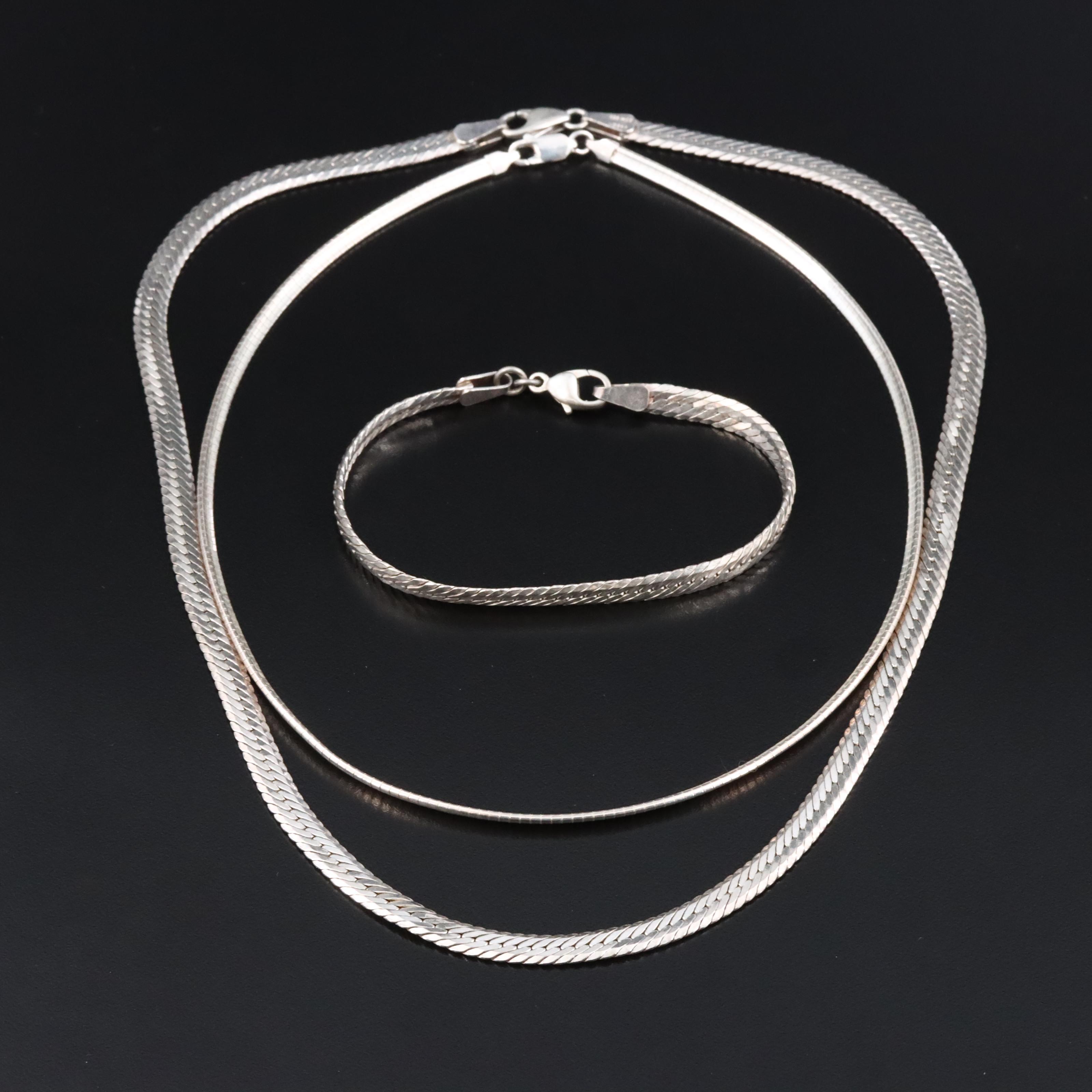 Sterling Omega Chain & Herringbone Necklace and Bracelet Set