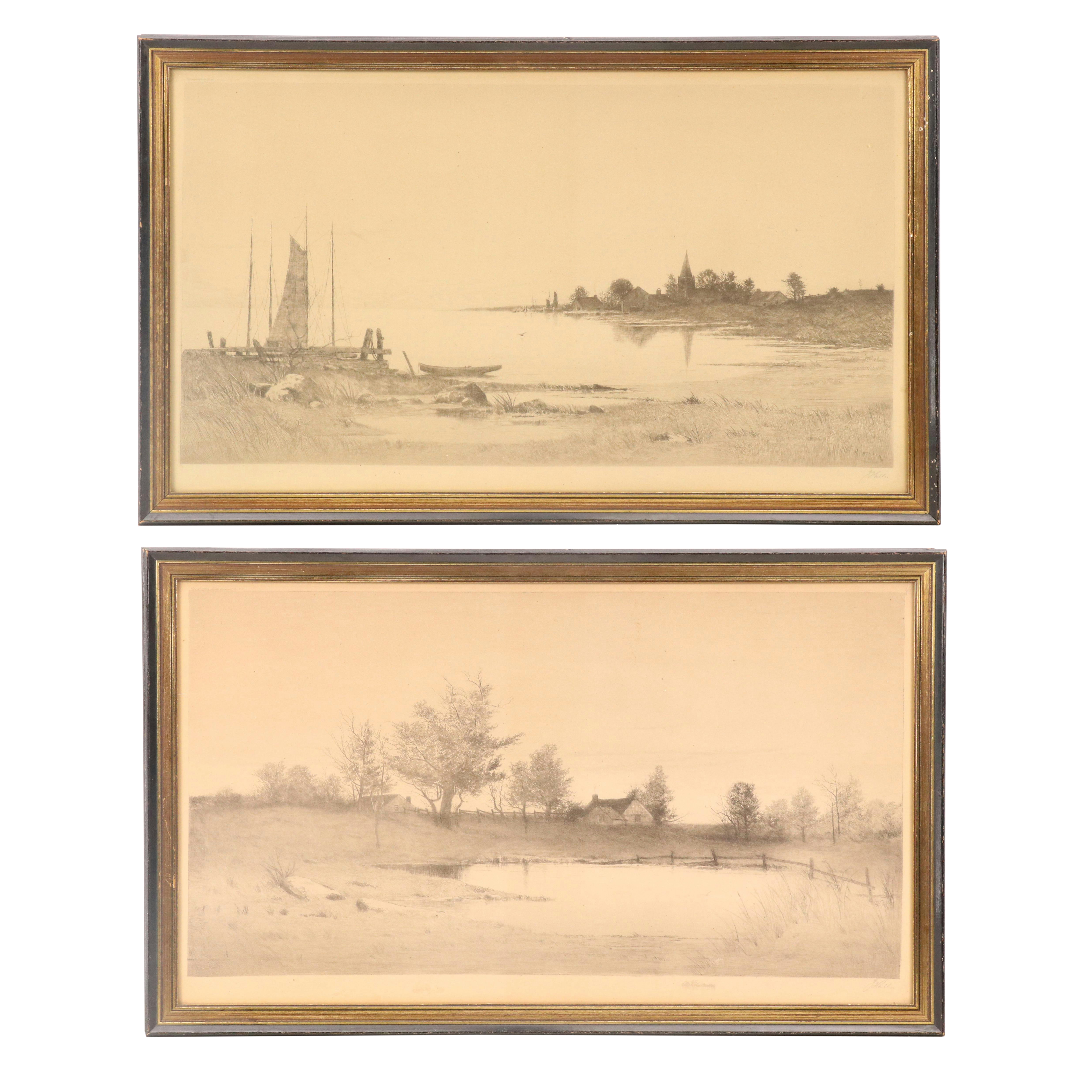Landscape Etchings Including Coastal Village Scene, Circa 1920