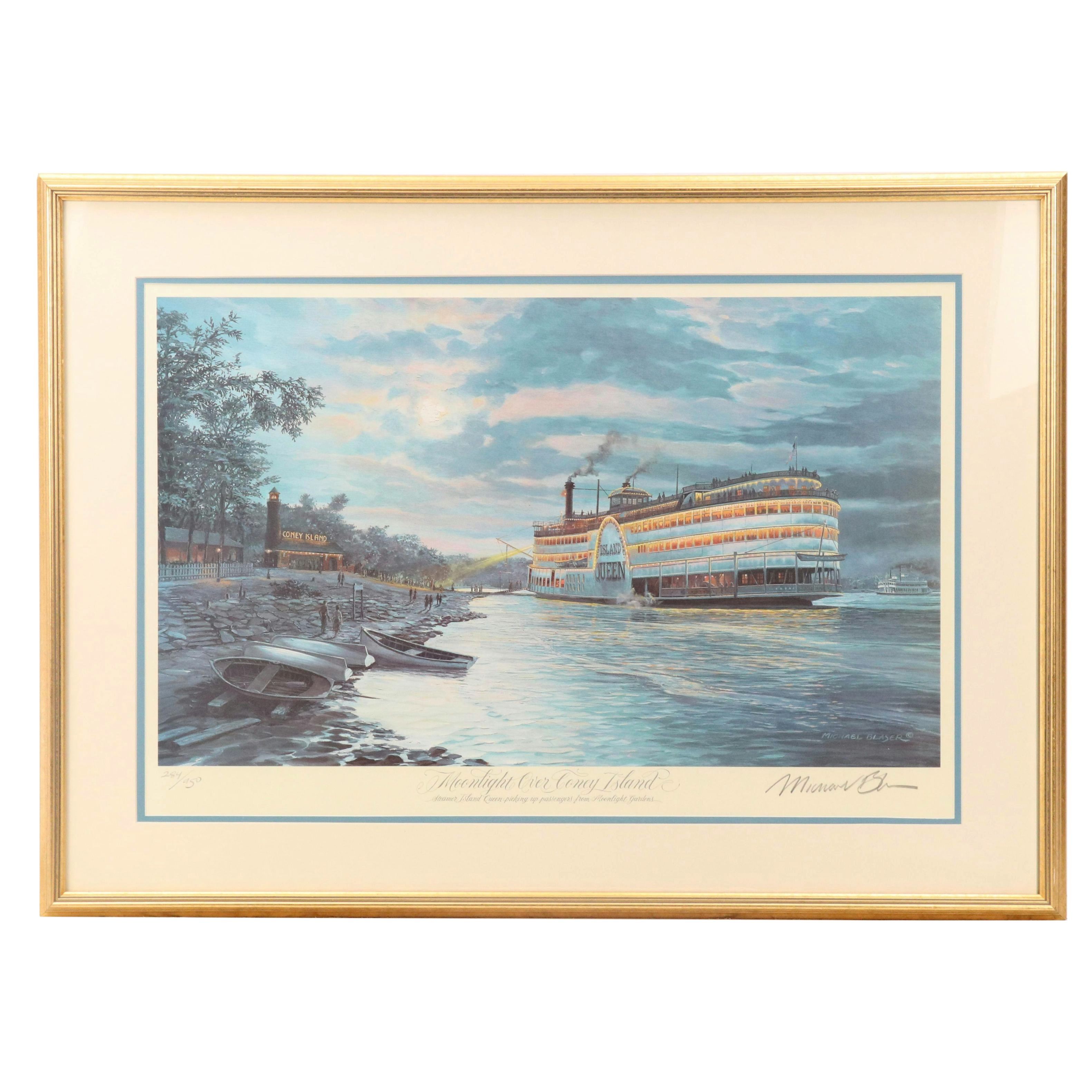 Michael Blaser Offset Lithograph "Moonlight Over Coney Island"