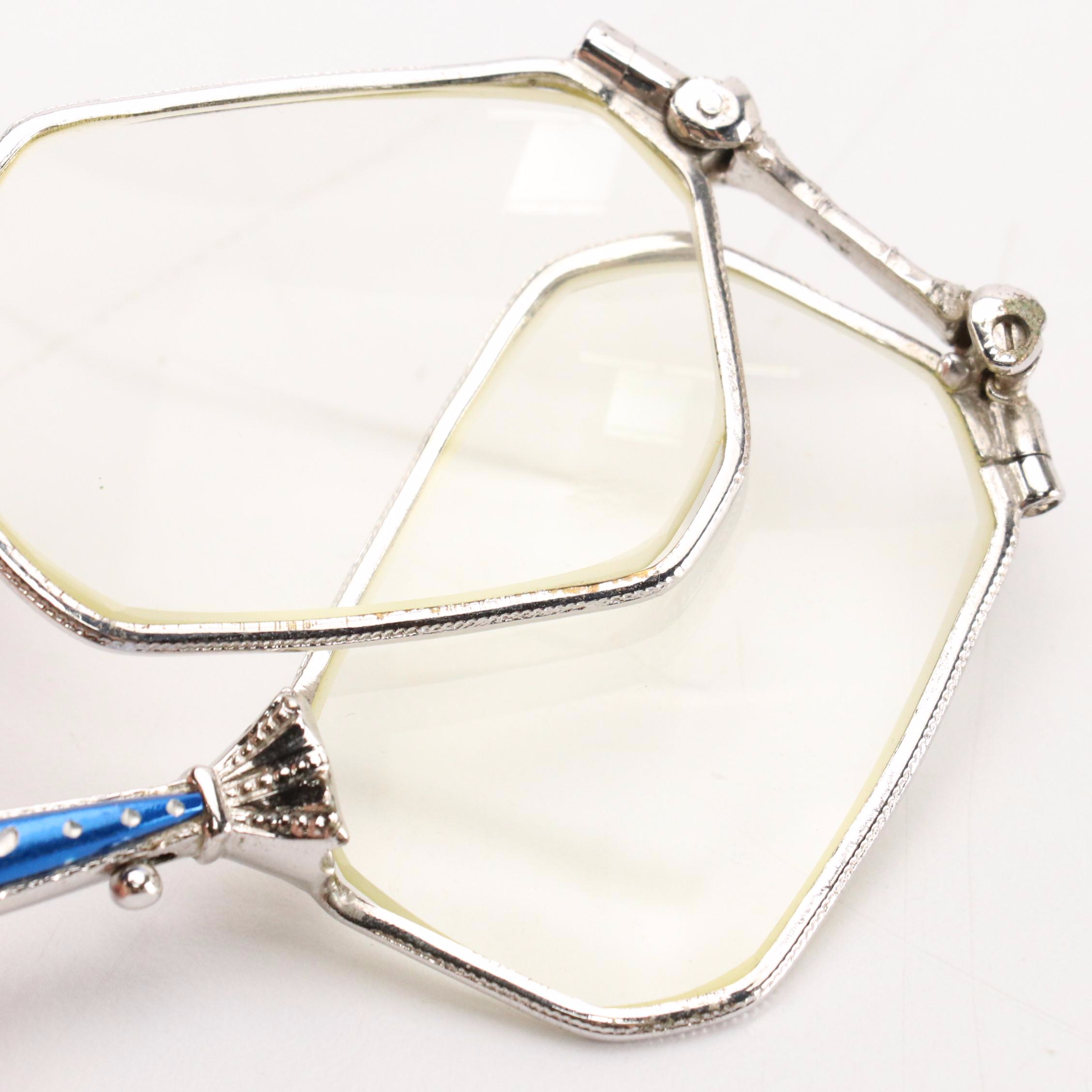 Silver Tone Folding Lorgnette Prescription Reading Glasses with Case