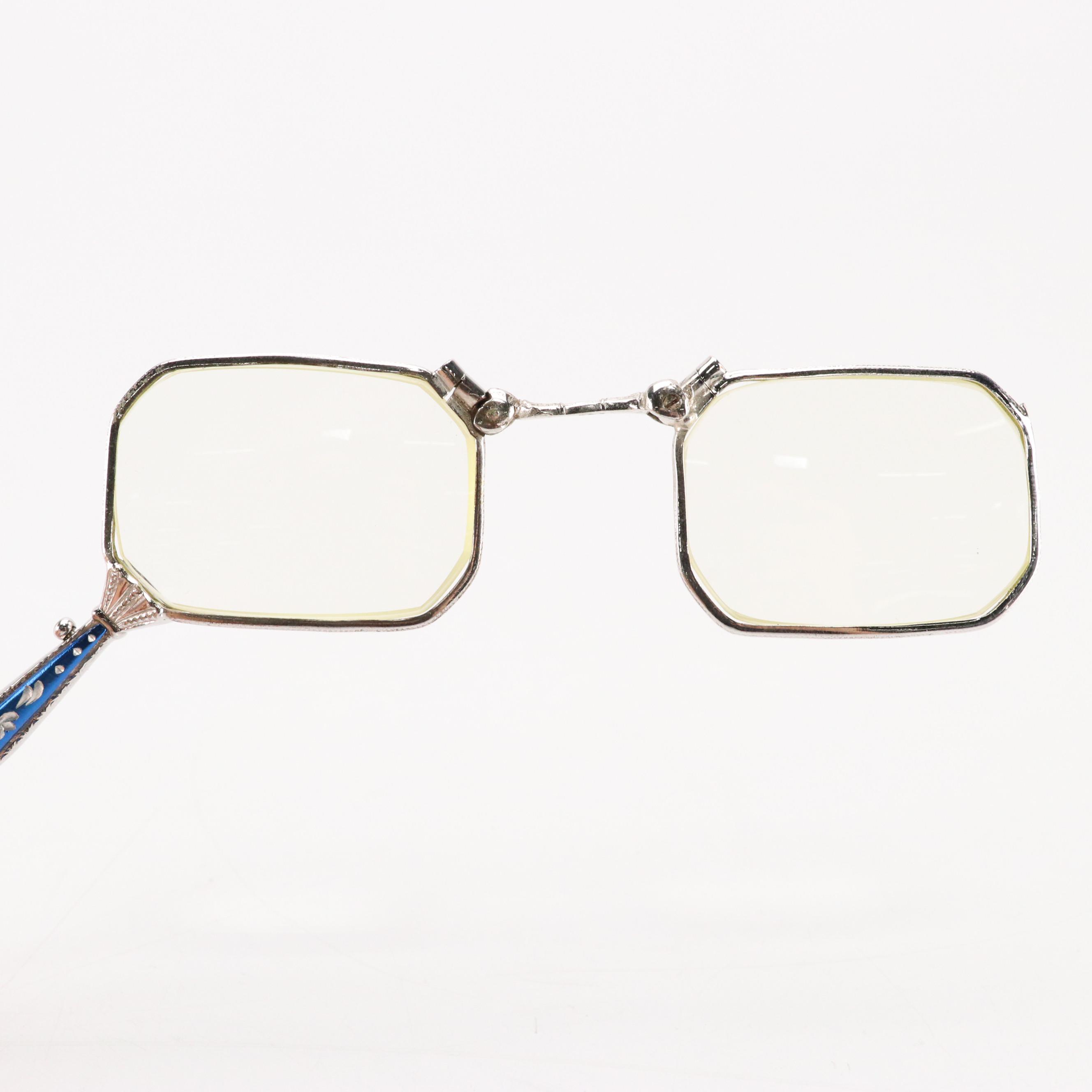 Silver Tone Folding Lorgnette Prescription Reading Glasses with Case