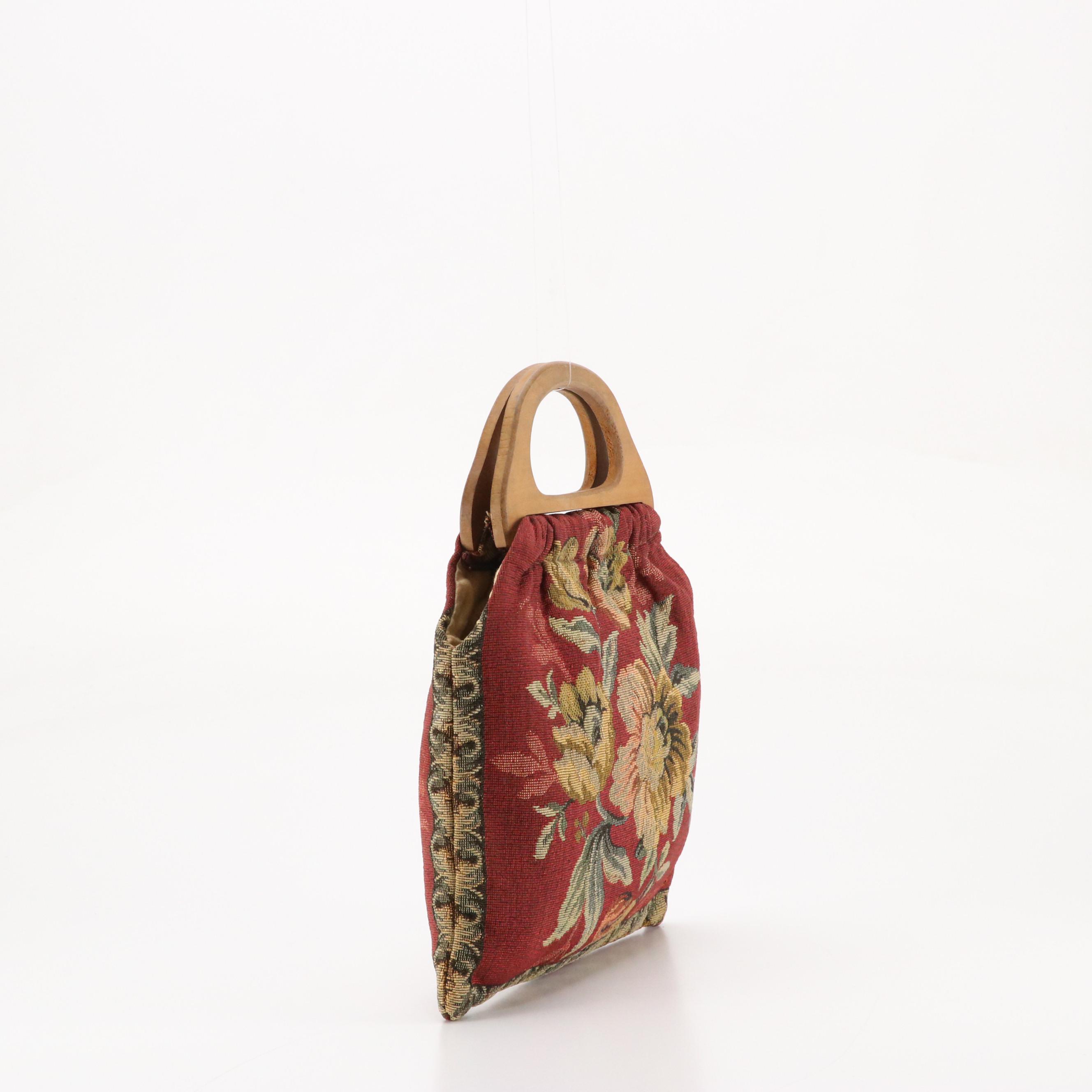 Vintage Wooden Handle Tapestry Bag