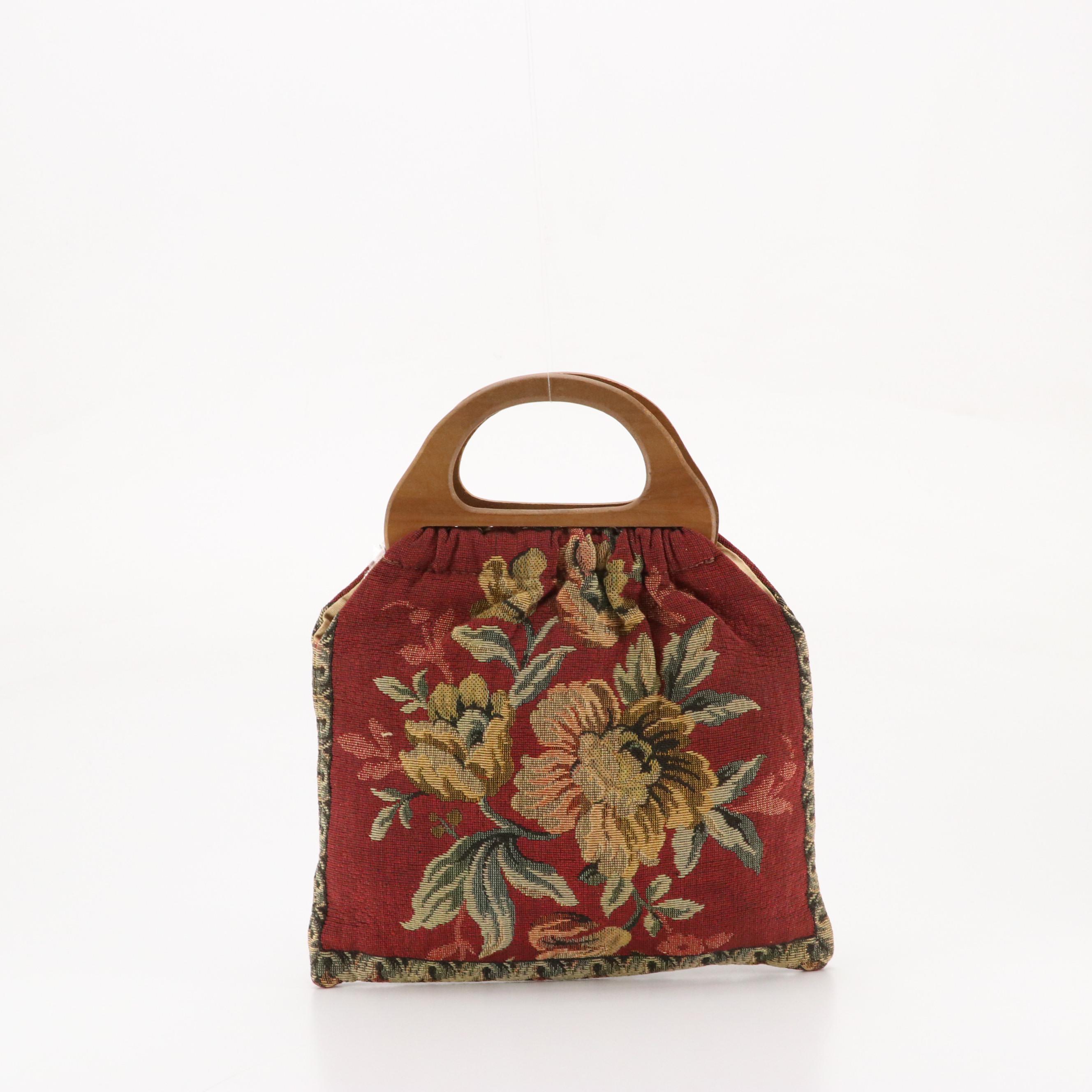 Vintage Wooden Handle Tapestry Bag