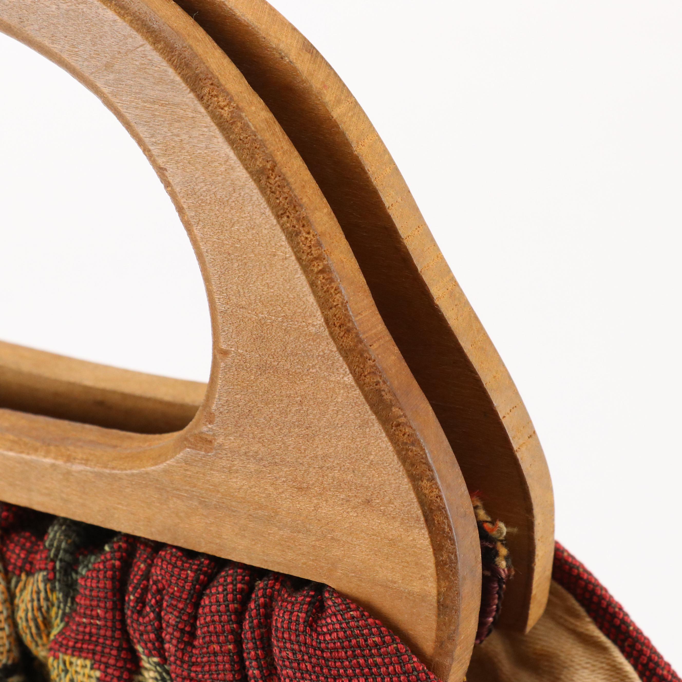 Vintage Wooden Handle Tapestry Bag