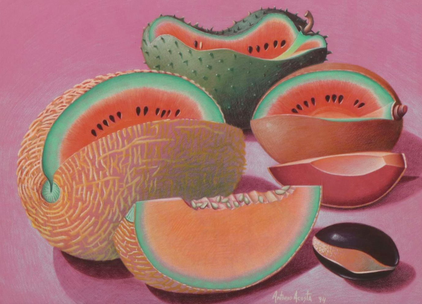 Antonio Acosta Surrealist Still Life with Litchi,Watermelon and Cantaloupe, 1994