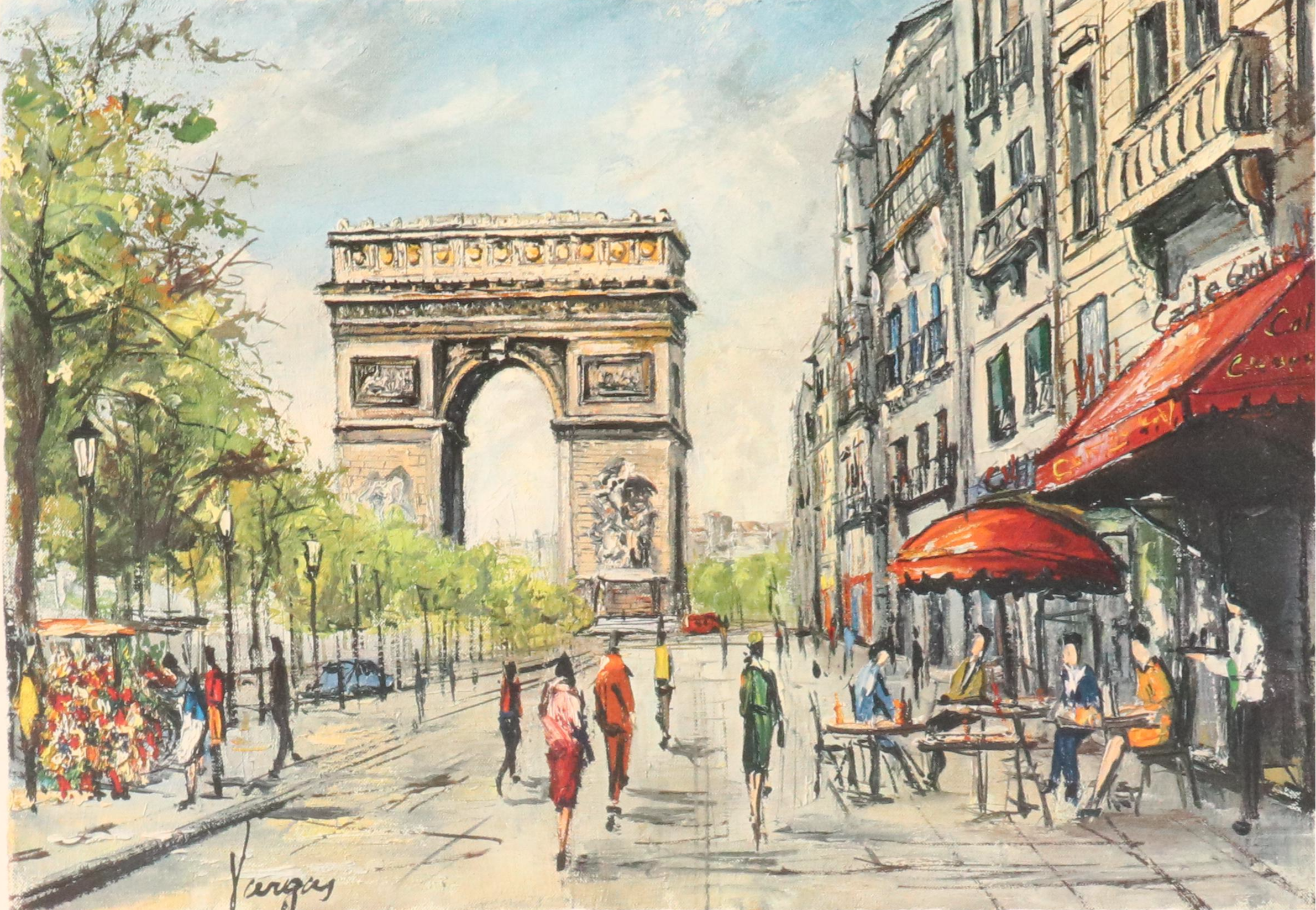 Scenic Offset Lithograph "Paris - Champs Élysées," Late 20th Century