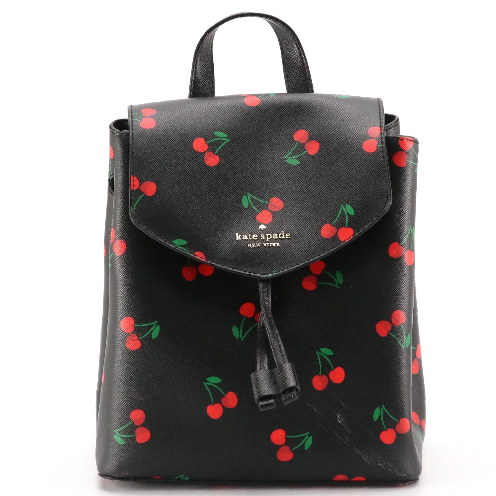 Kate Spade "Lizzie" Medium Flap Backpack in Tossed Cherry Print Saffiano PVC
