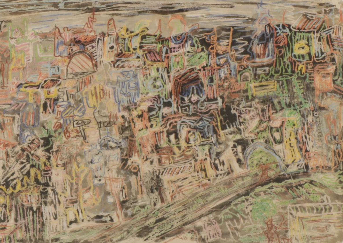 Stylized Modernist Cityscape Oil Pastel Drawing, 2000