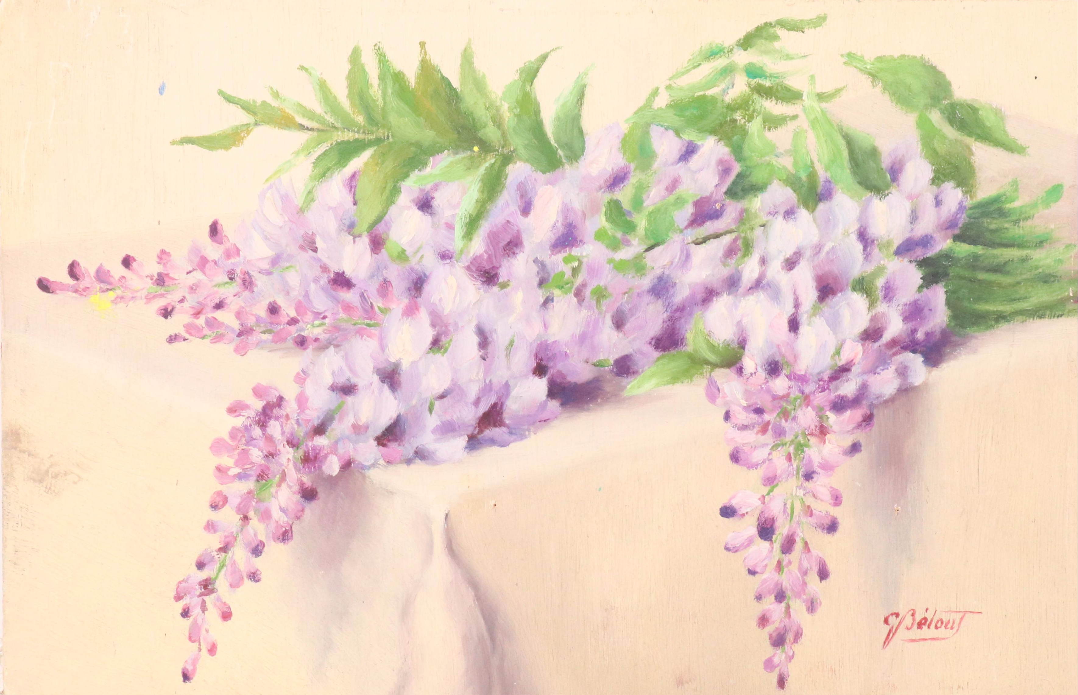 French School Oil Painting Still Life with Wisteria, 20th Century