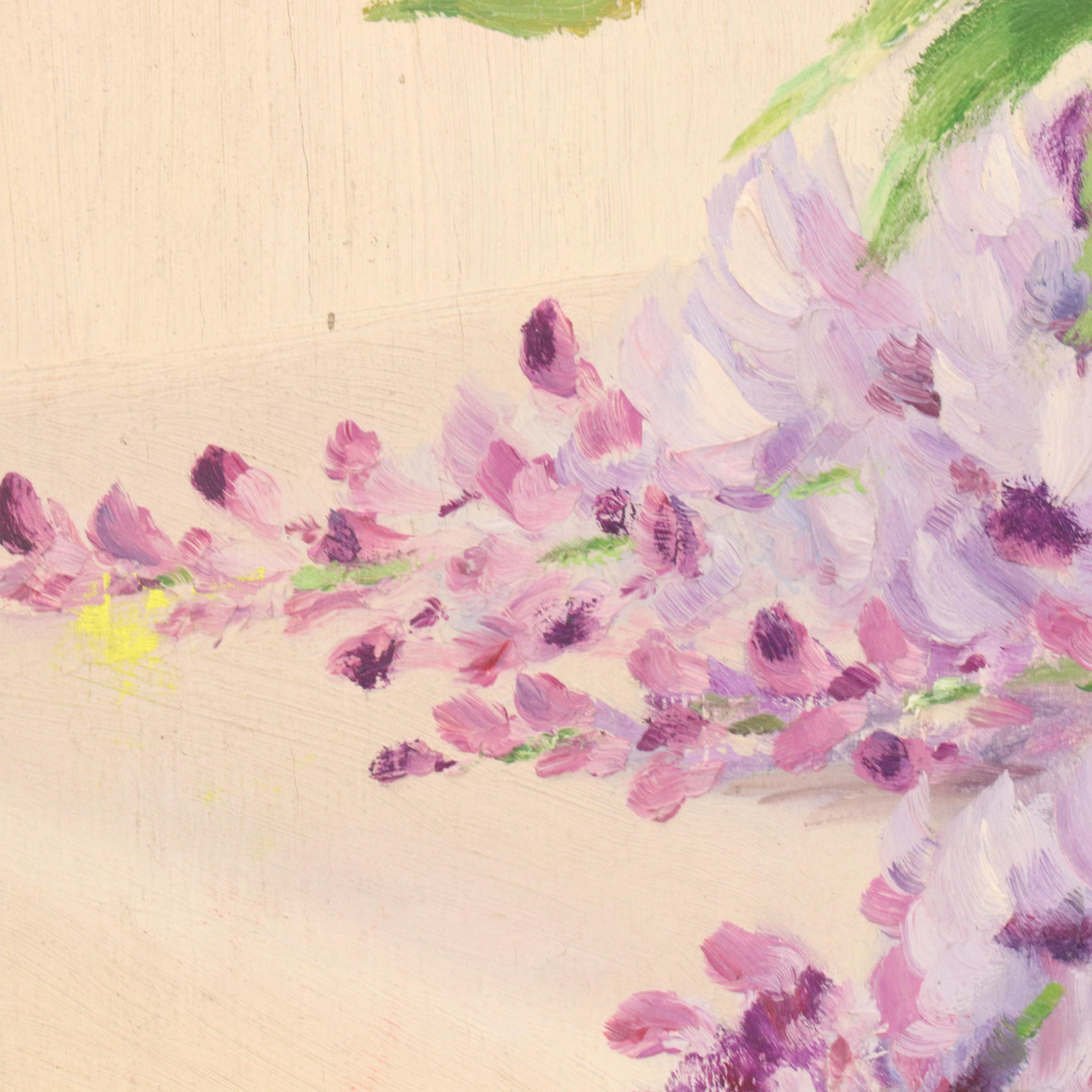 French School Oil Painting Still Life with Wisteria, 20th Century