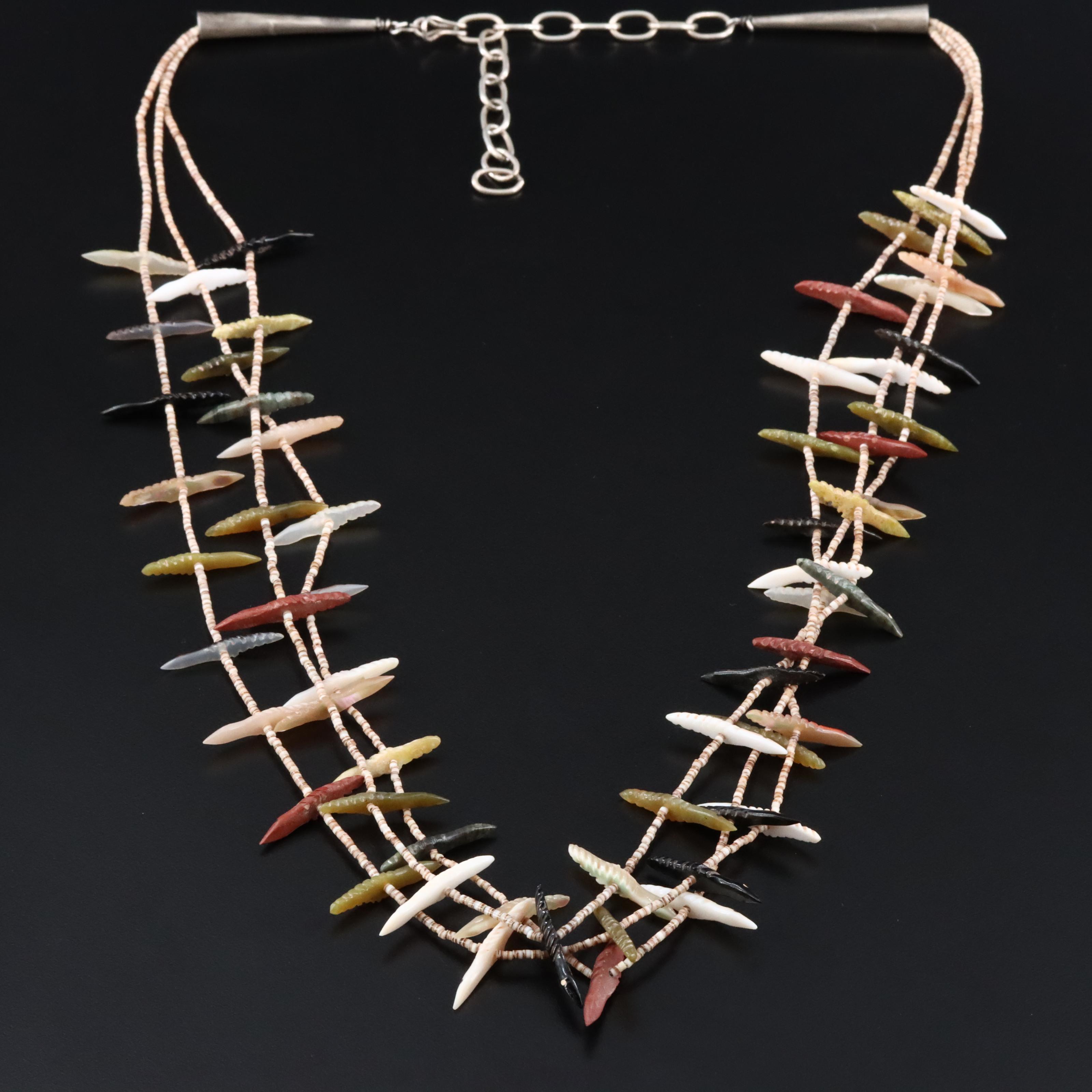 Sterling Catlinite, Mother-of-Pearl and Shell Fetish Necklace