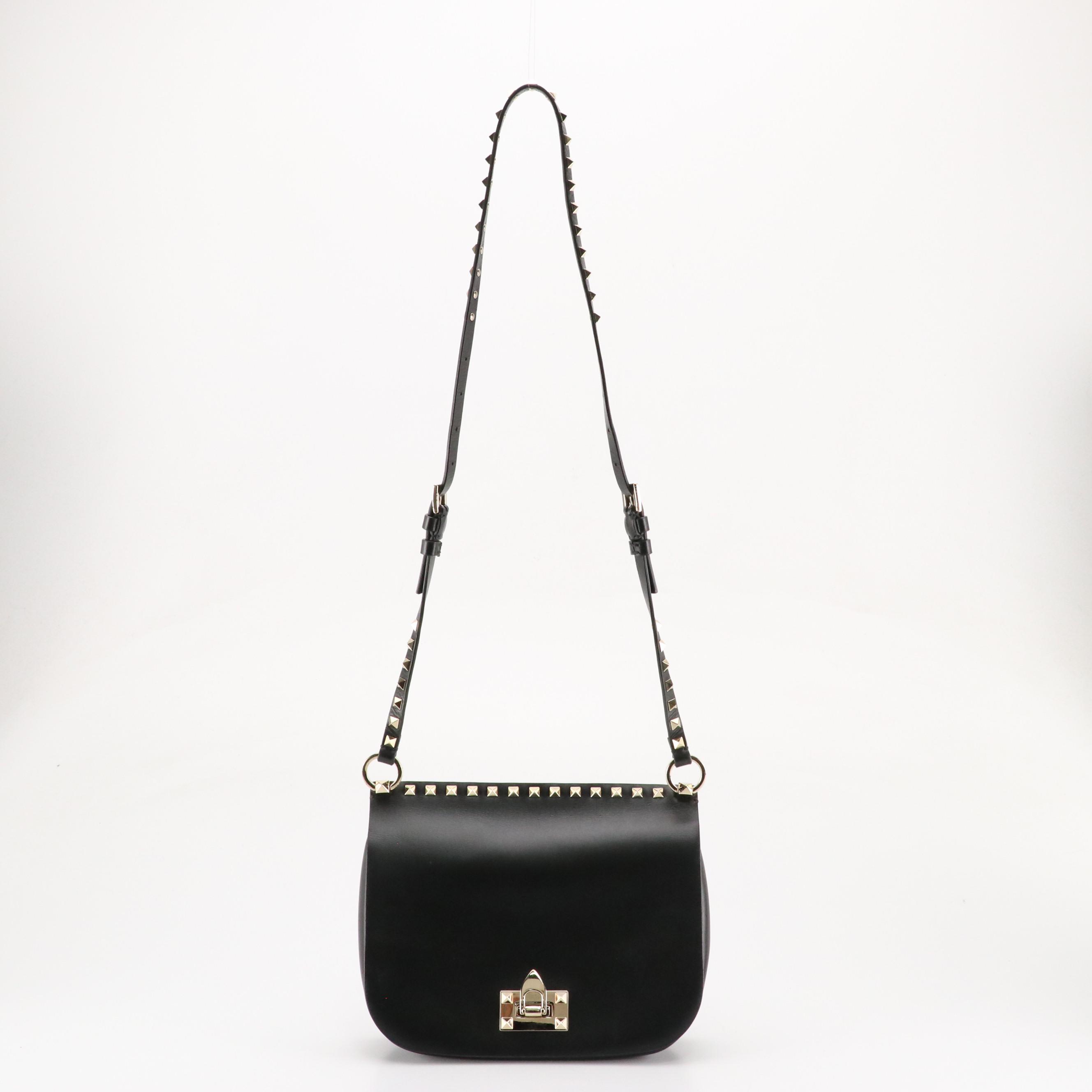 Valentino Garavani Rockstud Black Leather Saddle Bag