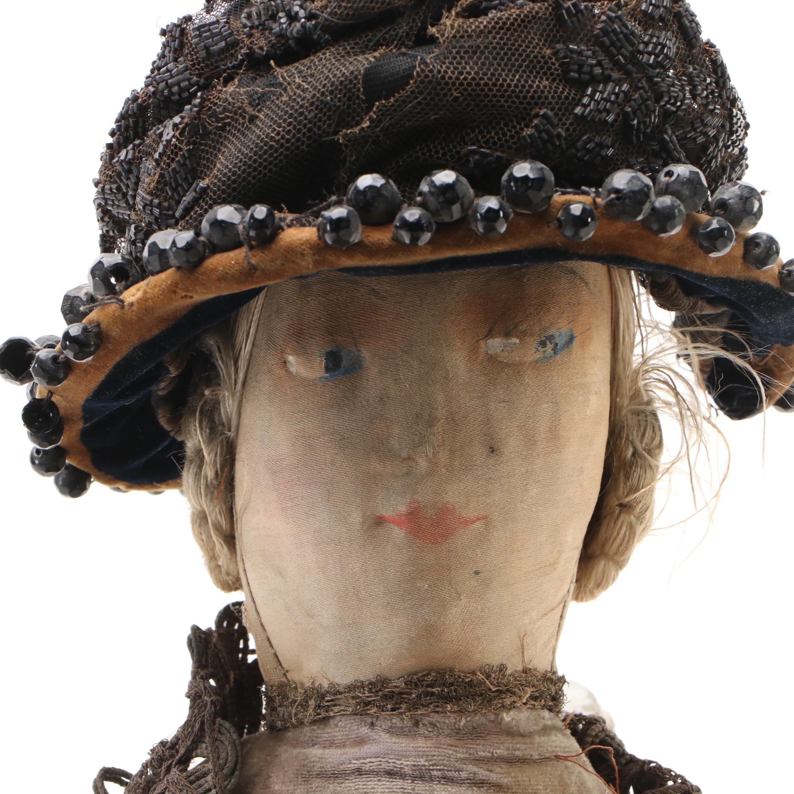 Victorian Style Boudoir Doll with Velvet Dress and Hand-Beaded Bonnet