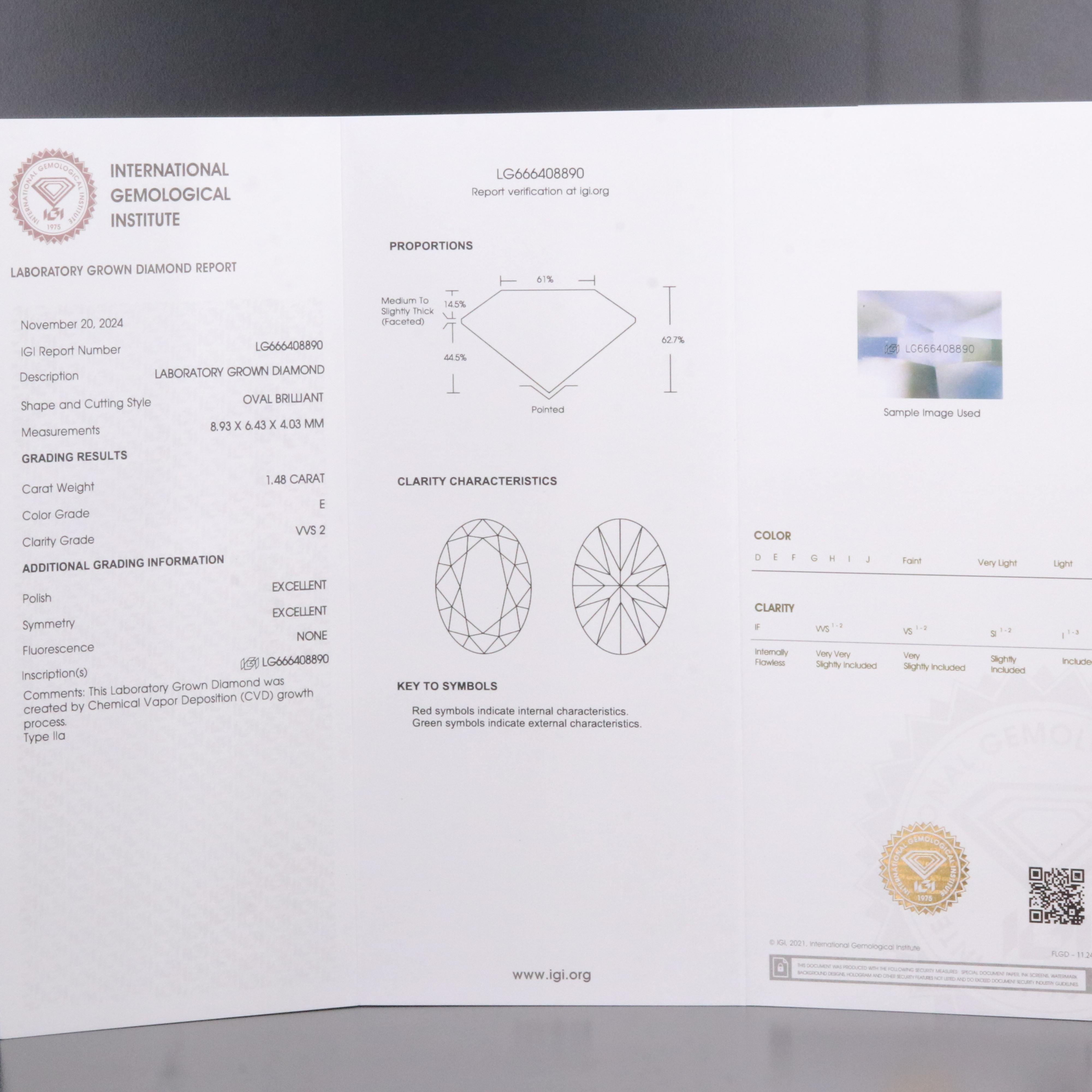 Loose 1.48 CT Lab Grown Diamond with IGI Report