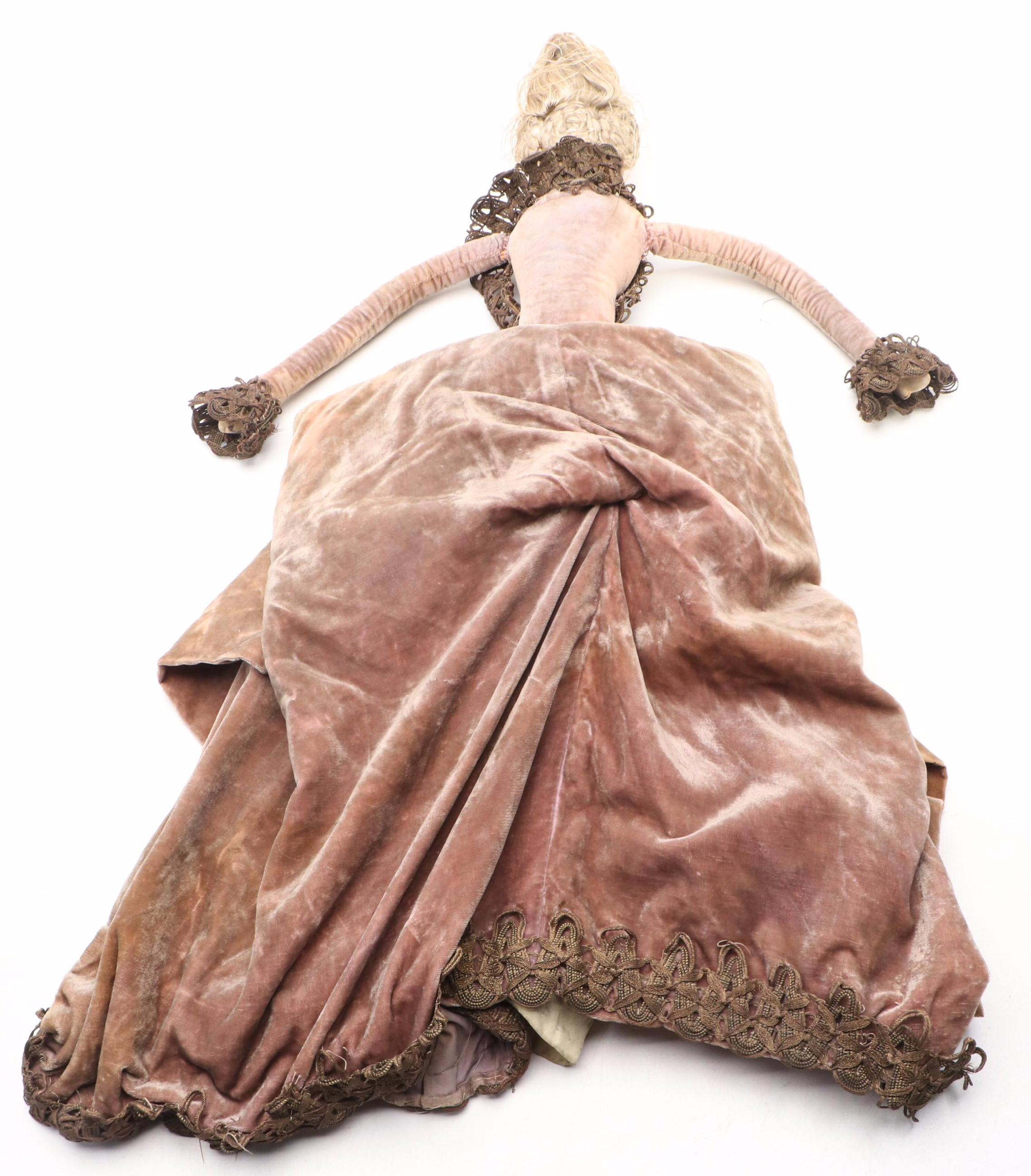 Victorian Style Boudoir Doll with Velvet Dress and Hand-Beaded Bonnet