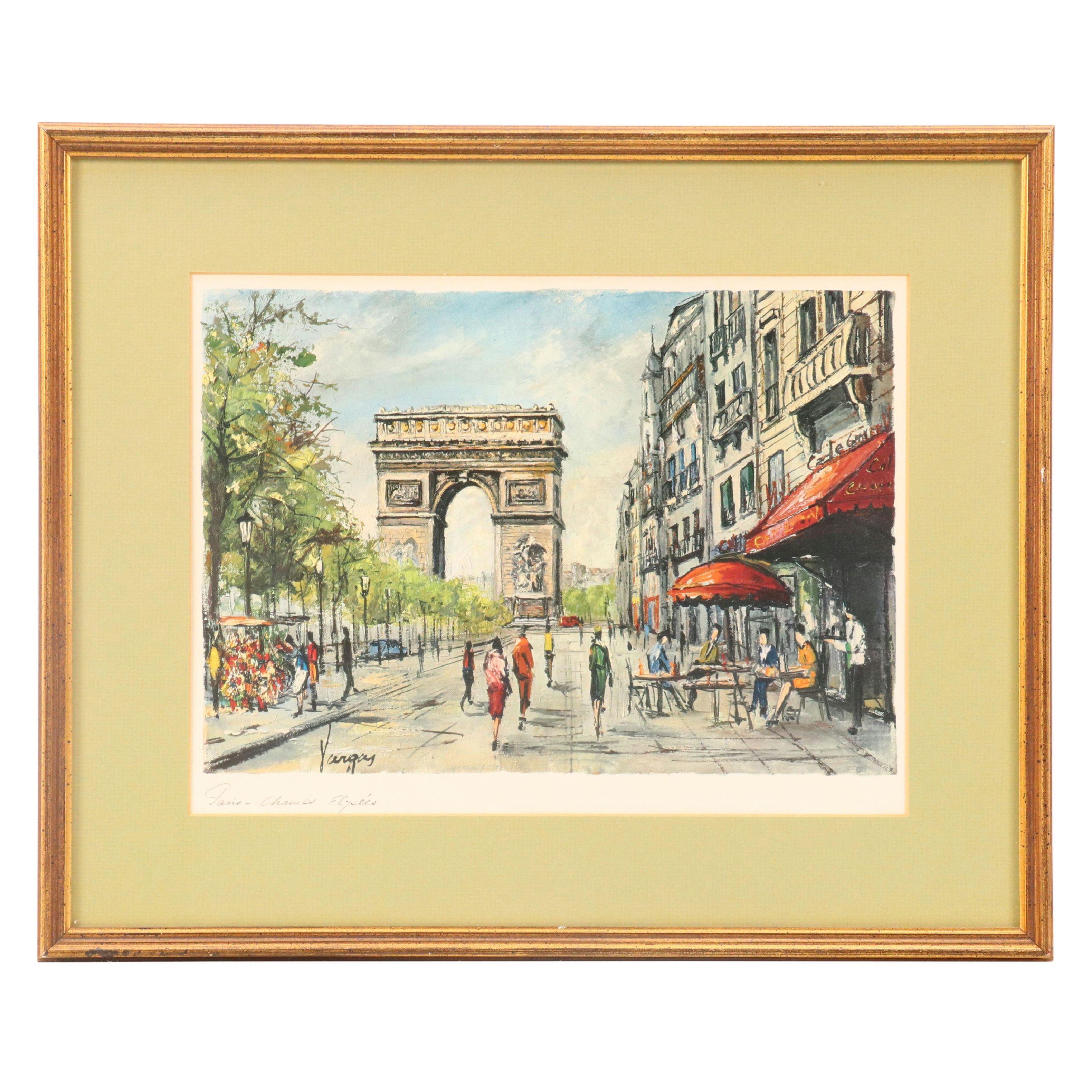 Scenic Offset Lithograph "Paris - Champs Élysées," Late 20th Century