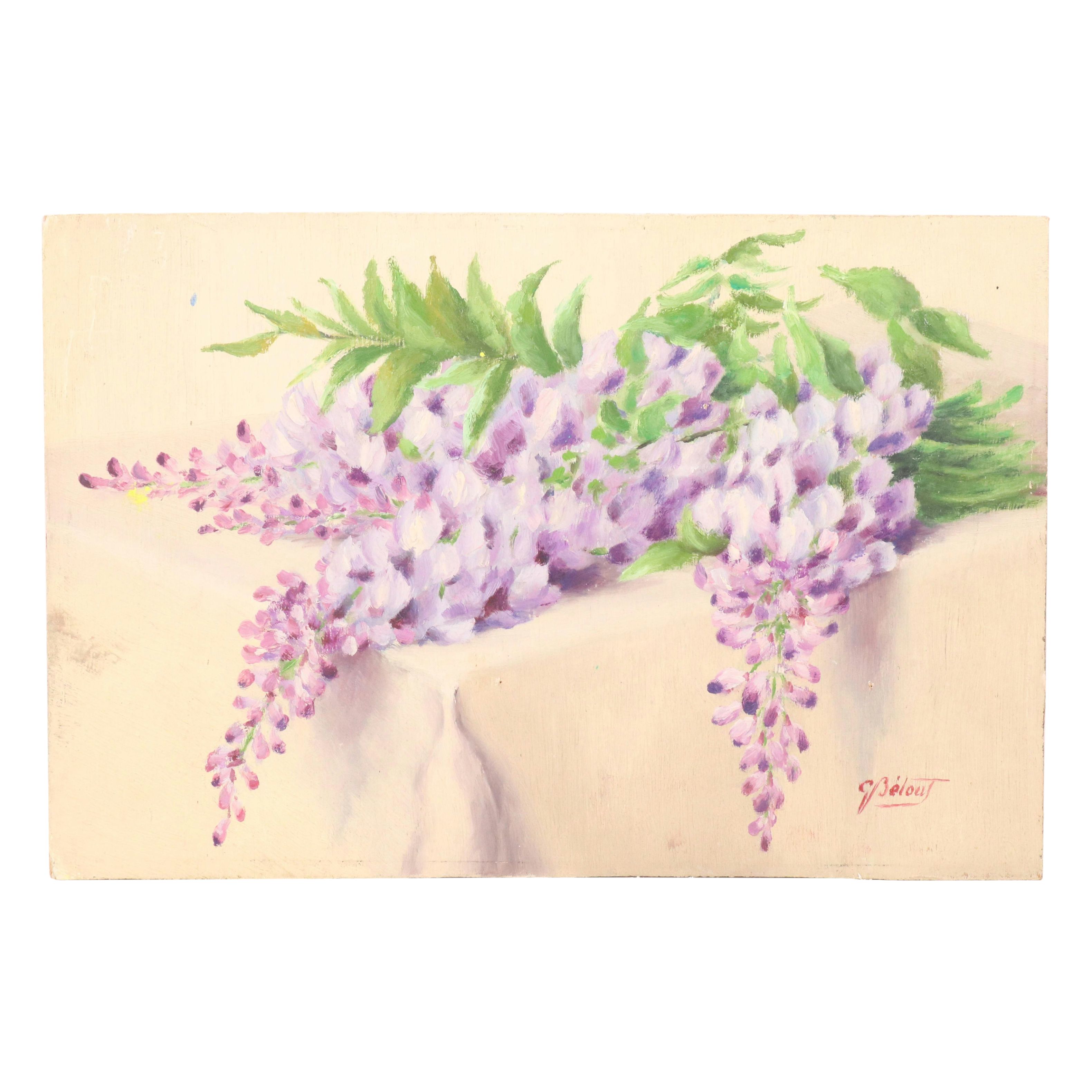 French School Oil Painting Still Life with Wisteria, 20th Century