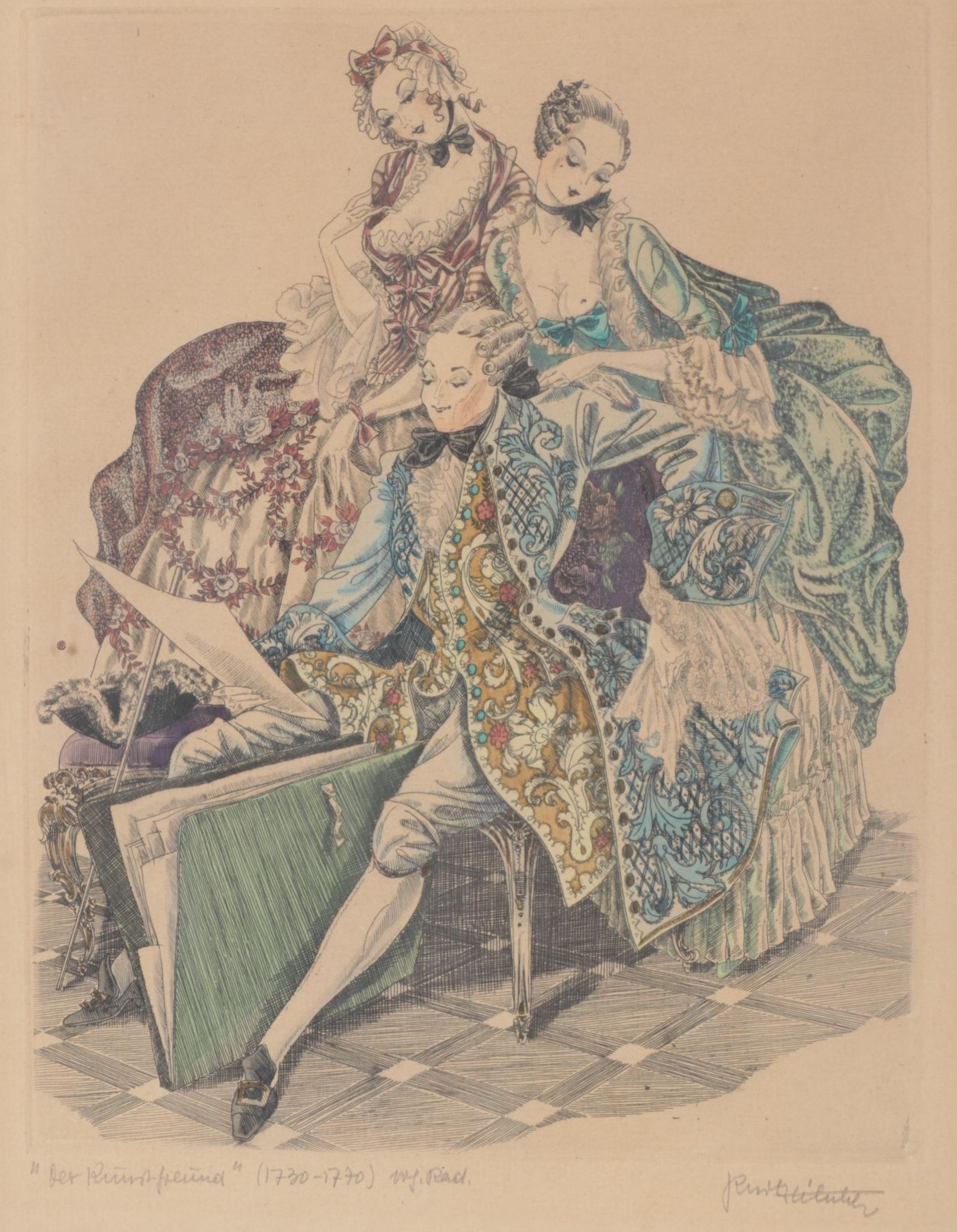 Hand-Colored Etching after Kurt Hilscher "Der Kunstfreund", Early to Mid-20th C.