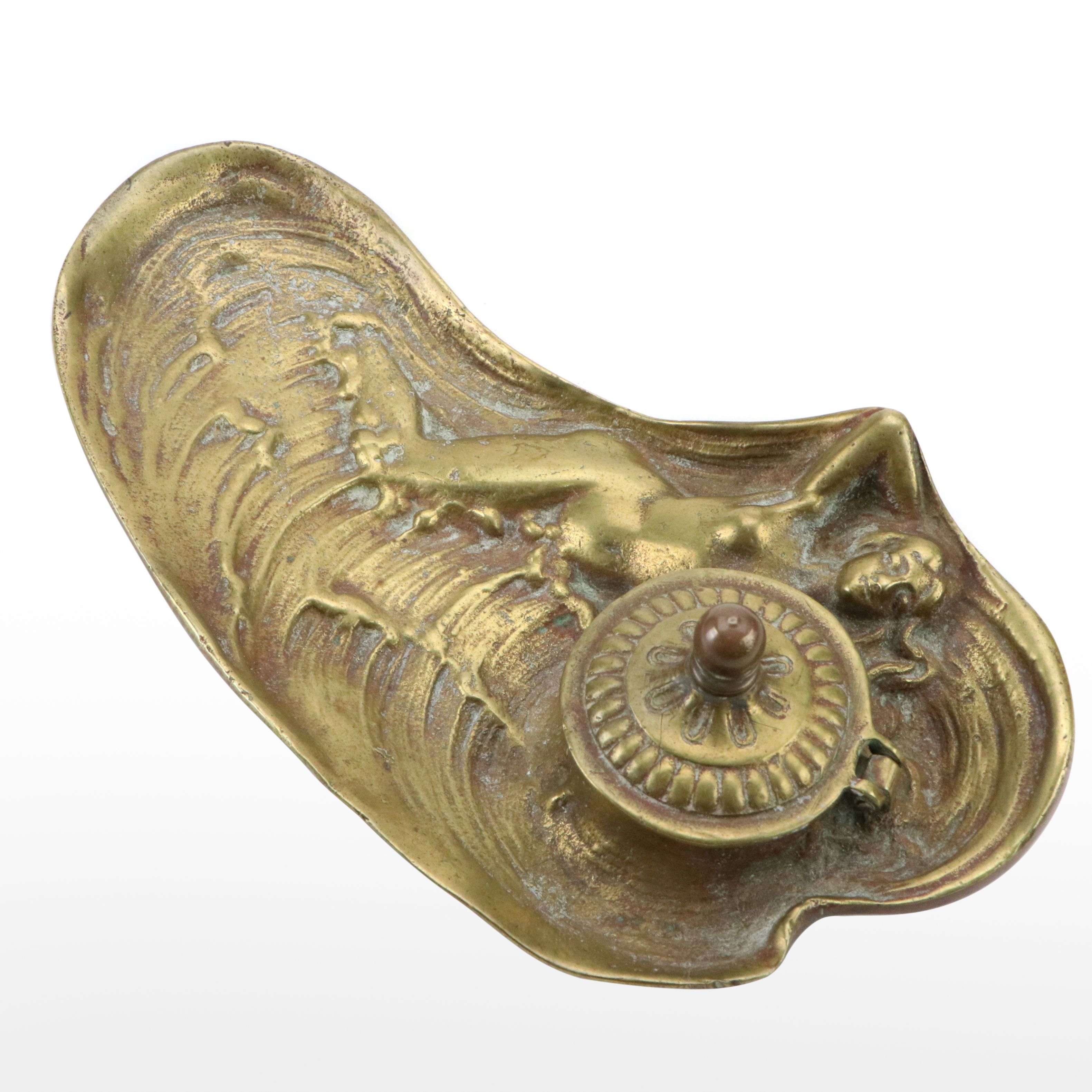 Art Nouveau Style Reclining Nude Figure Scallop Brass Inkwell