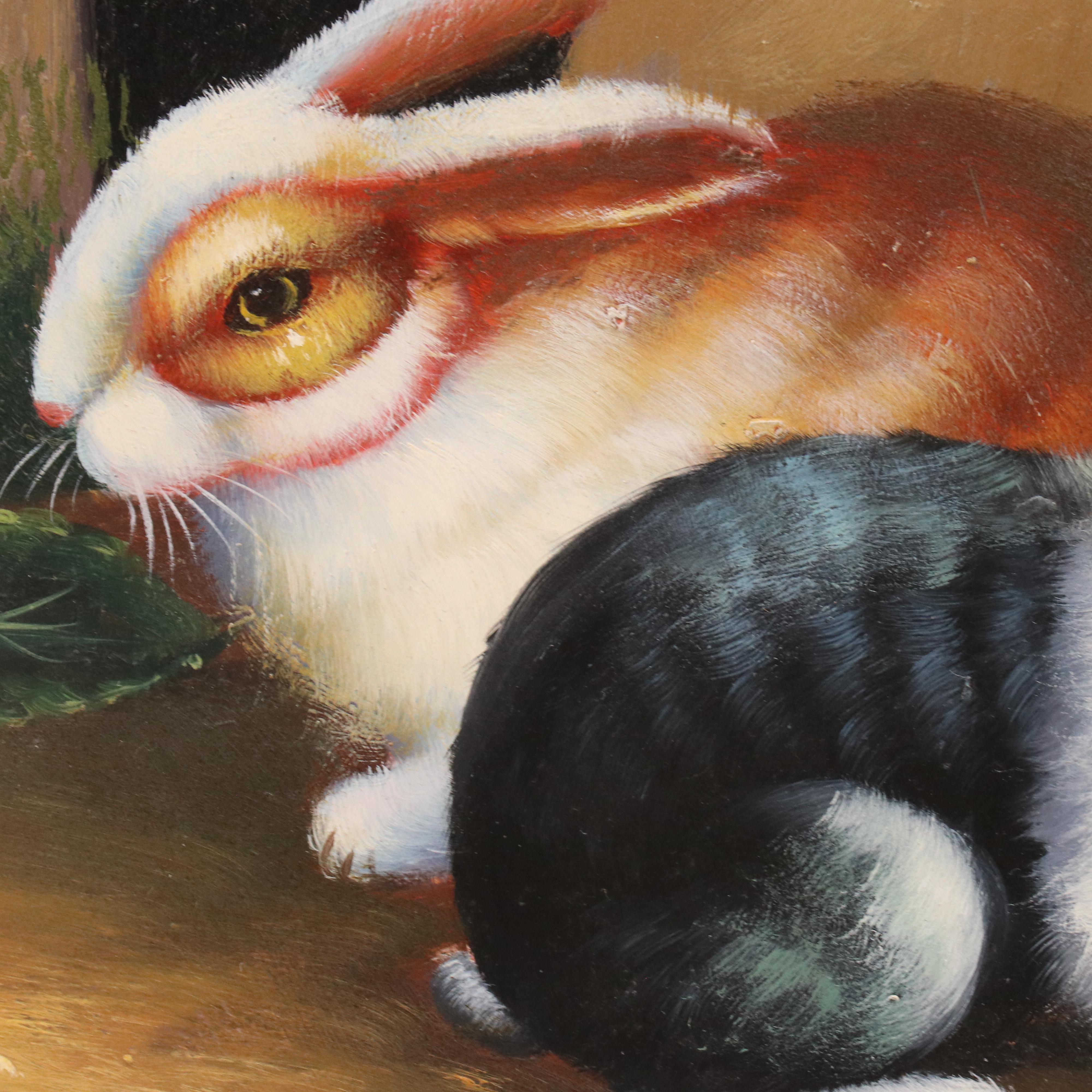 Wall-Mounted Hidden Key Holder with Oil Painting of Rabbits