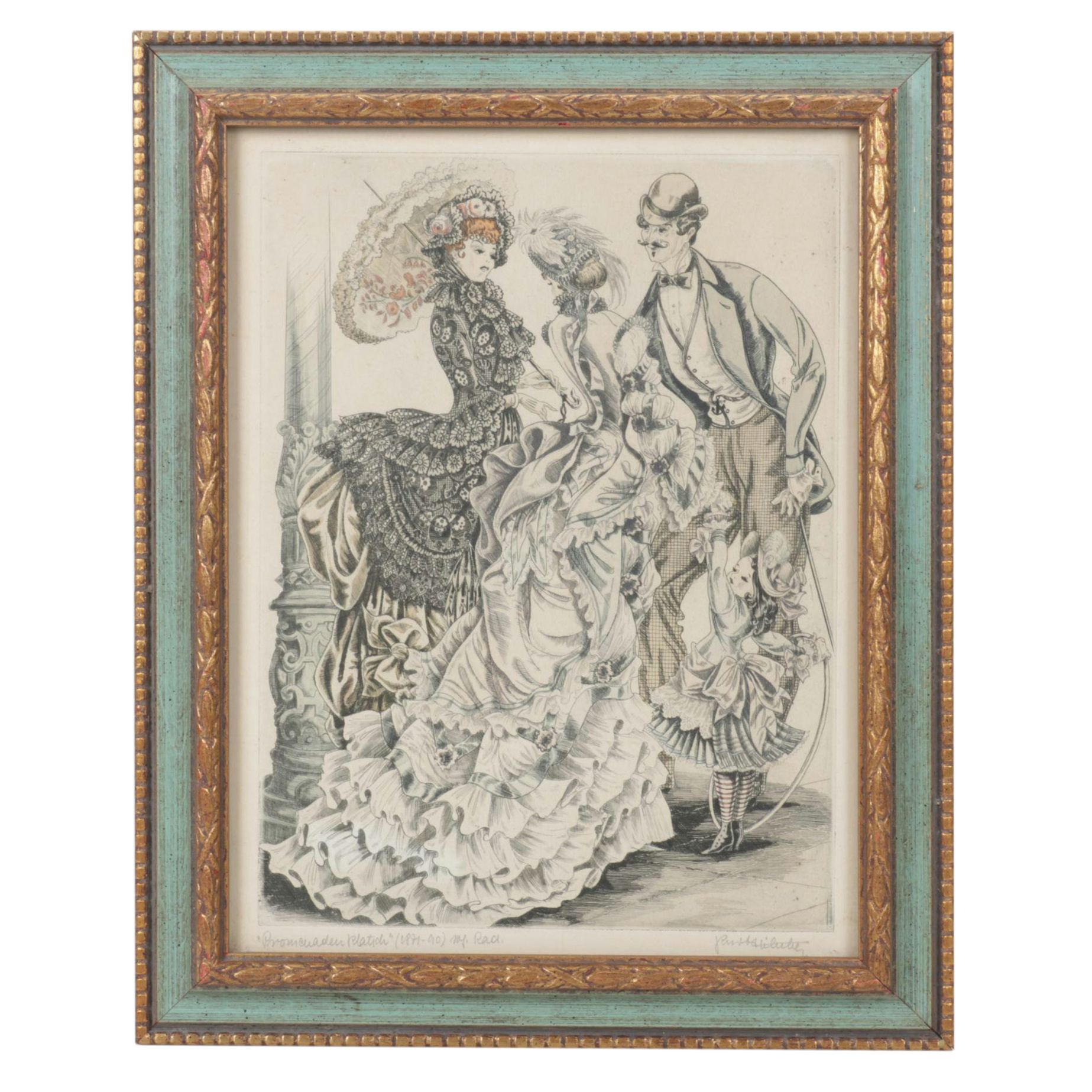 Hand-Colored Etching after Kurt Hilscher "Promenade Walker"