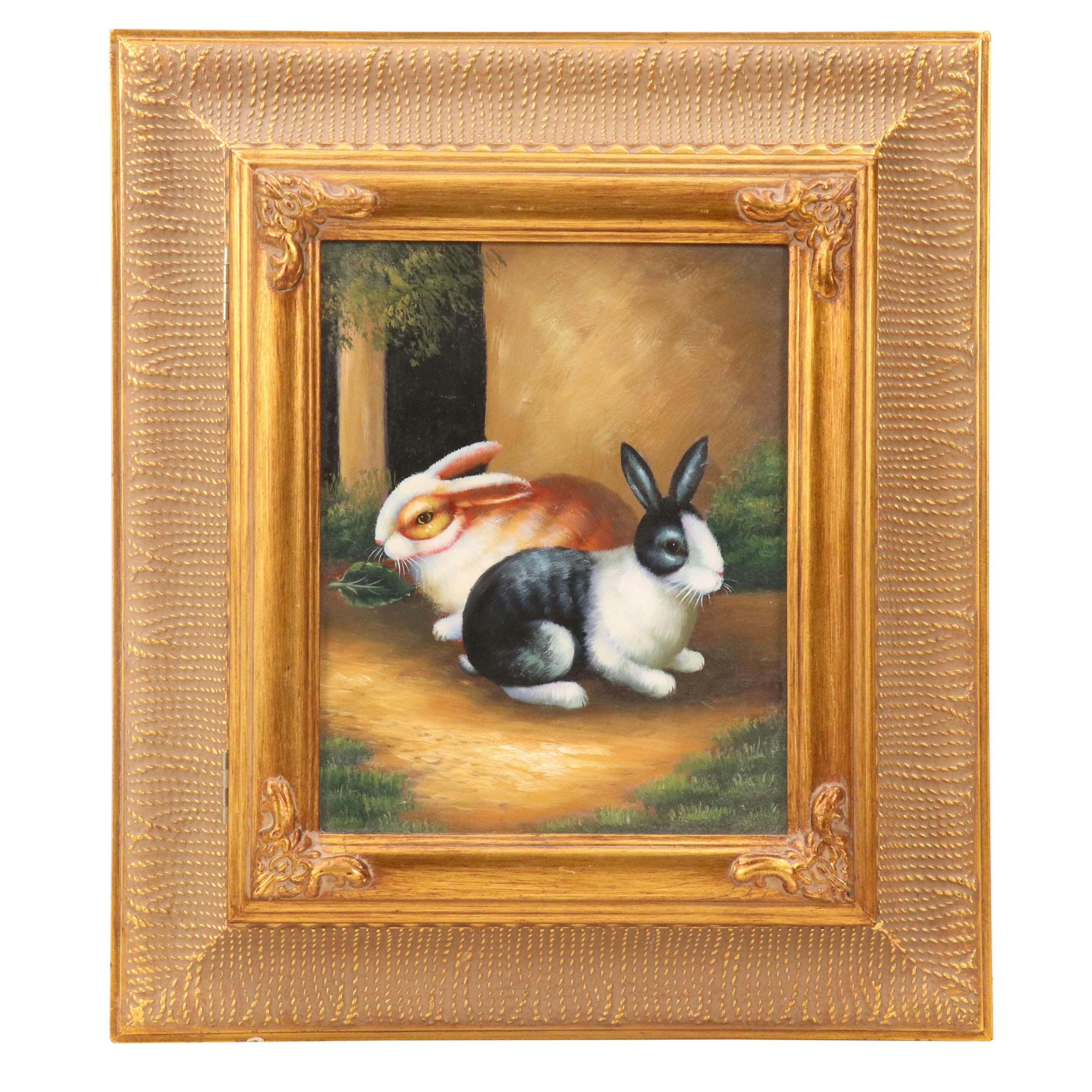 Wall-Mounted Hidden Key Holder with Oil Painting of Rabbits