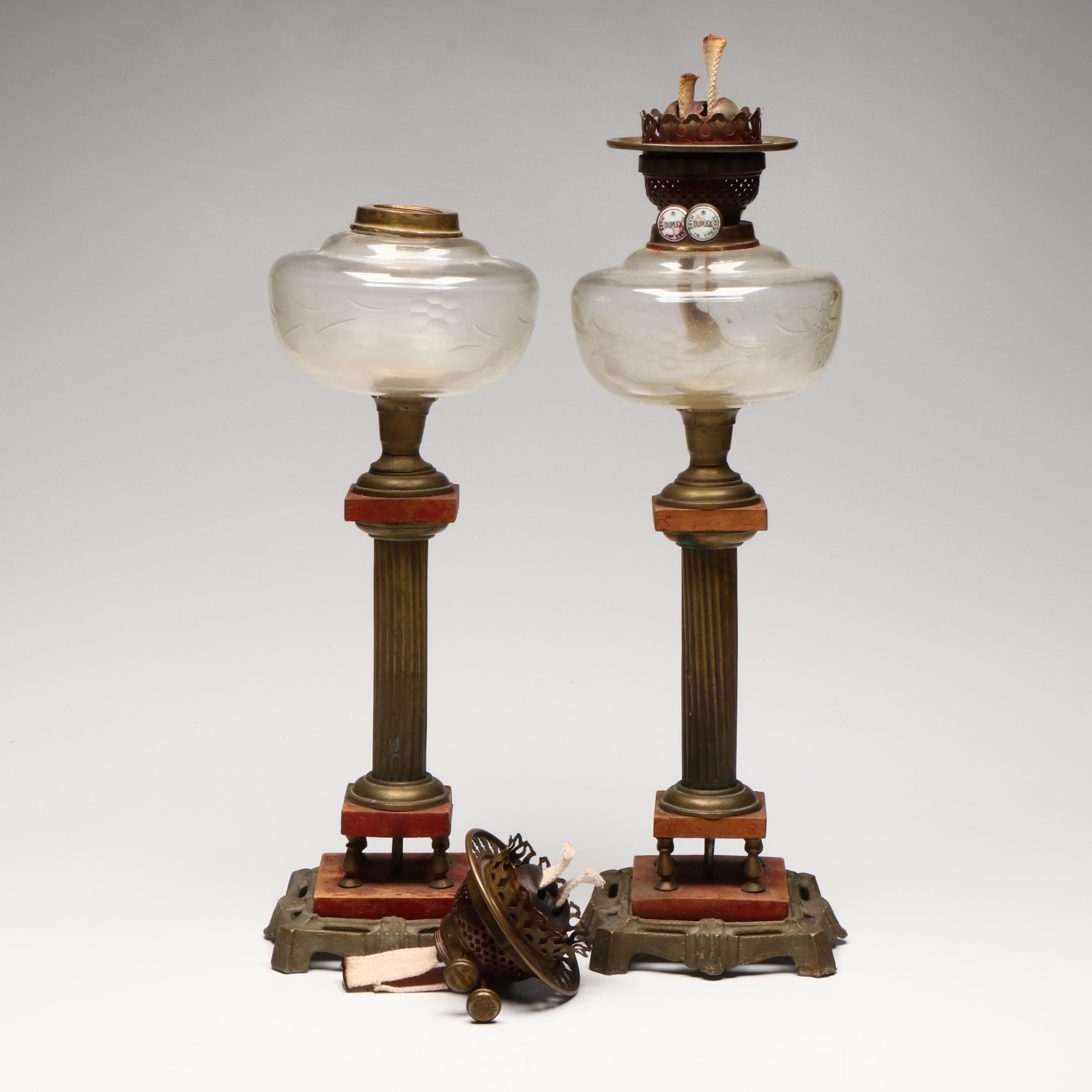Gilt Metal and Etched Glass Columnar Double Wick Oil Lamps
