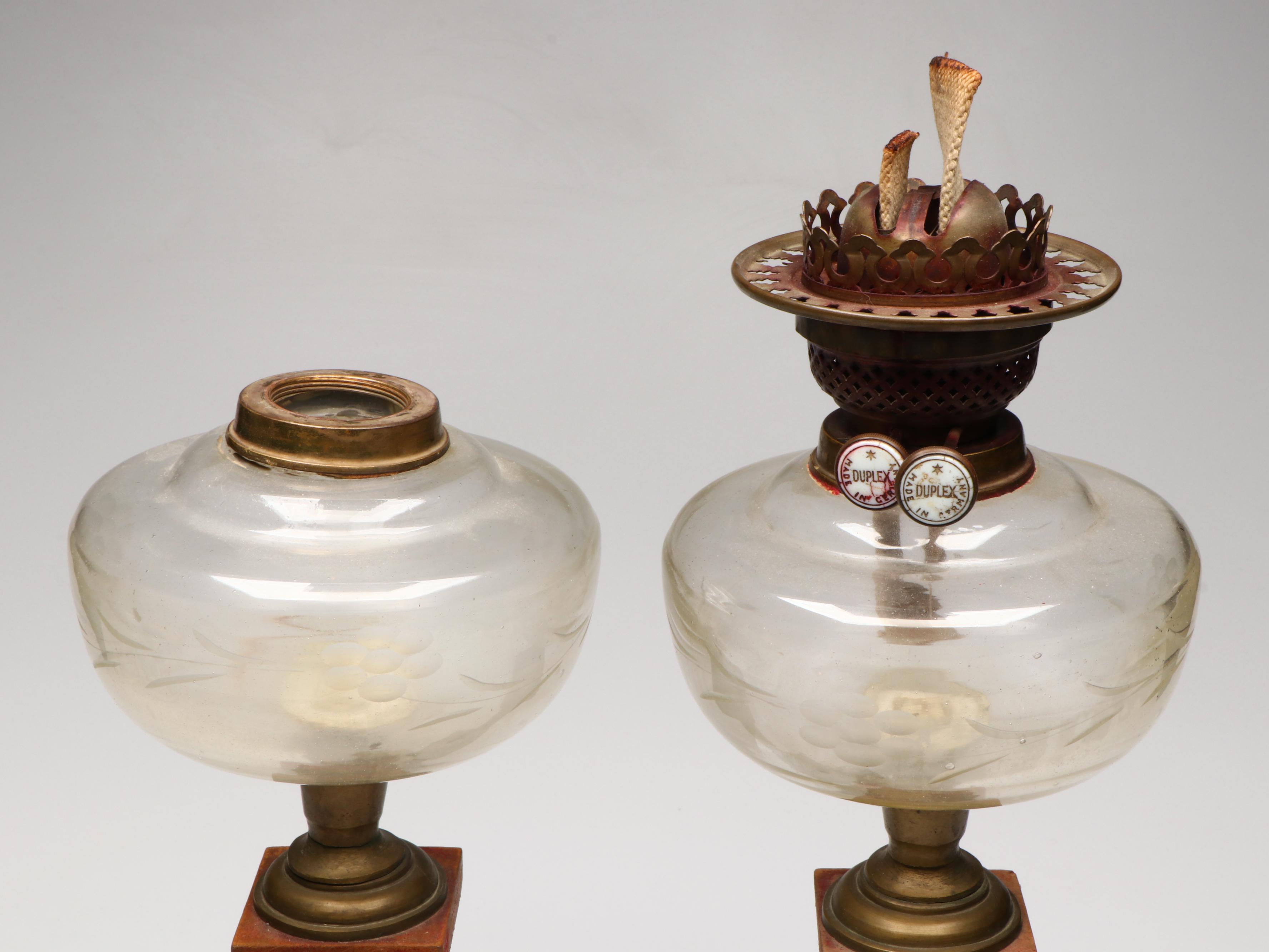 Gilt Metal and Etched Glass Columnar Double Wick Oil Lamps