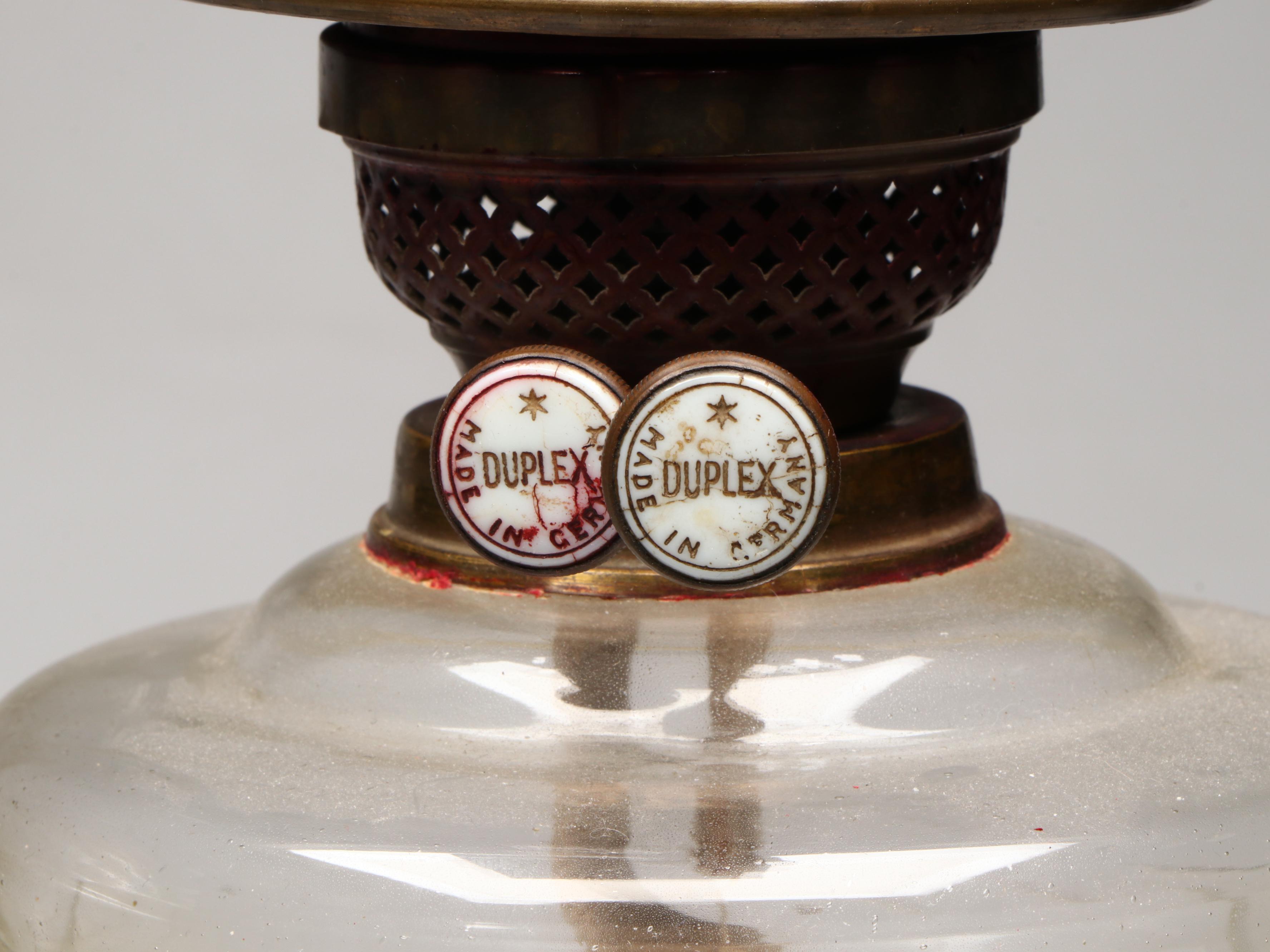 Gilt Metal and Etched Glass Columnar Double Wick Oil Lamps