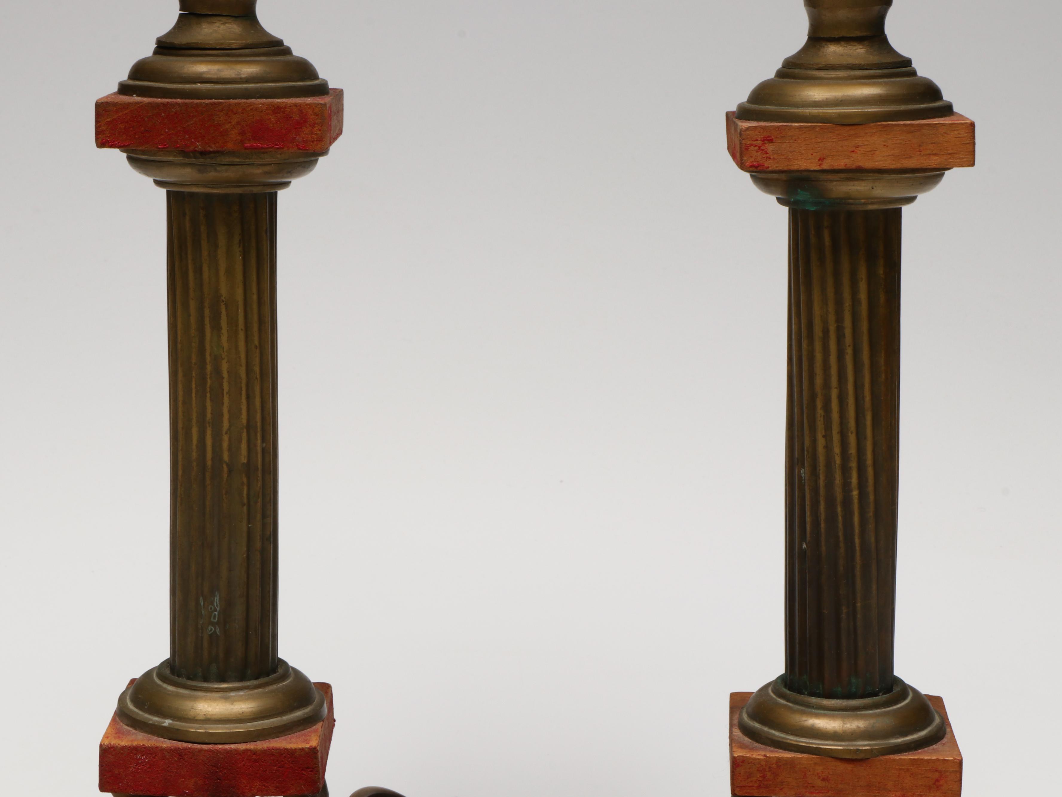 Gilt Metal and Etched Glass Columnar Double Wick Oil Lamps