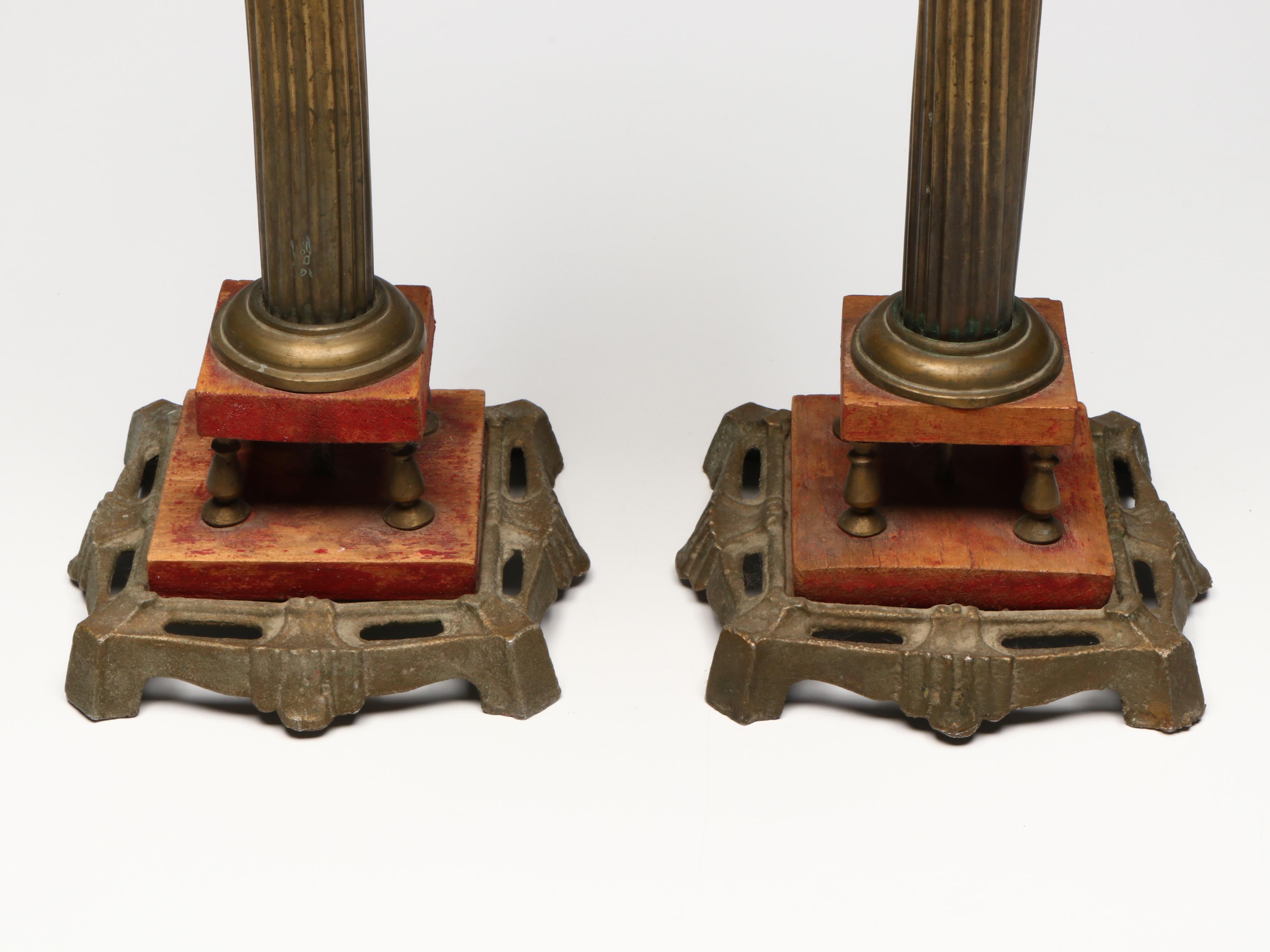 Gilt Metal and Etched Glass Columnar Double Wick Oil Lamps