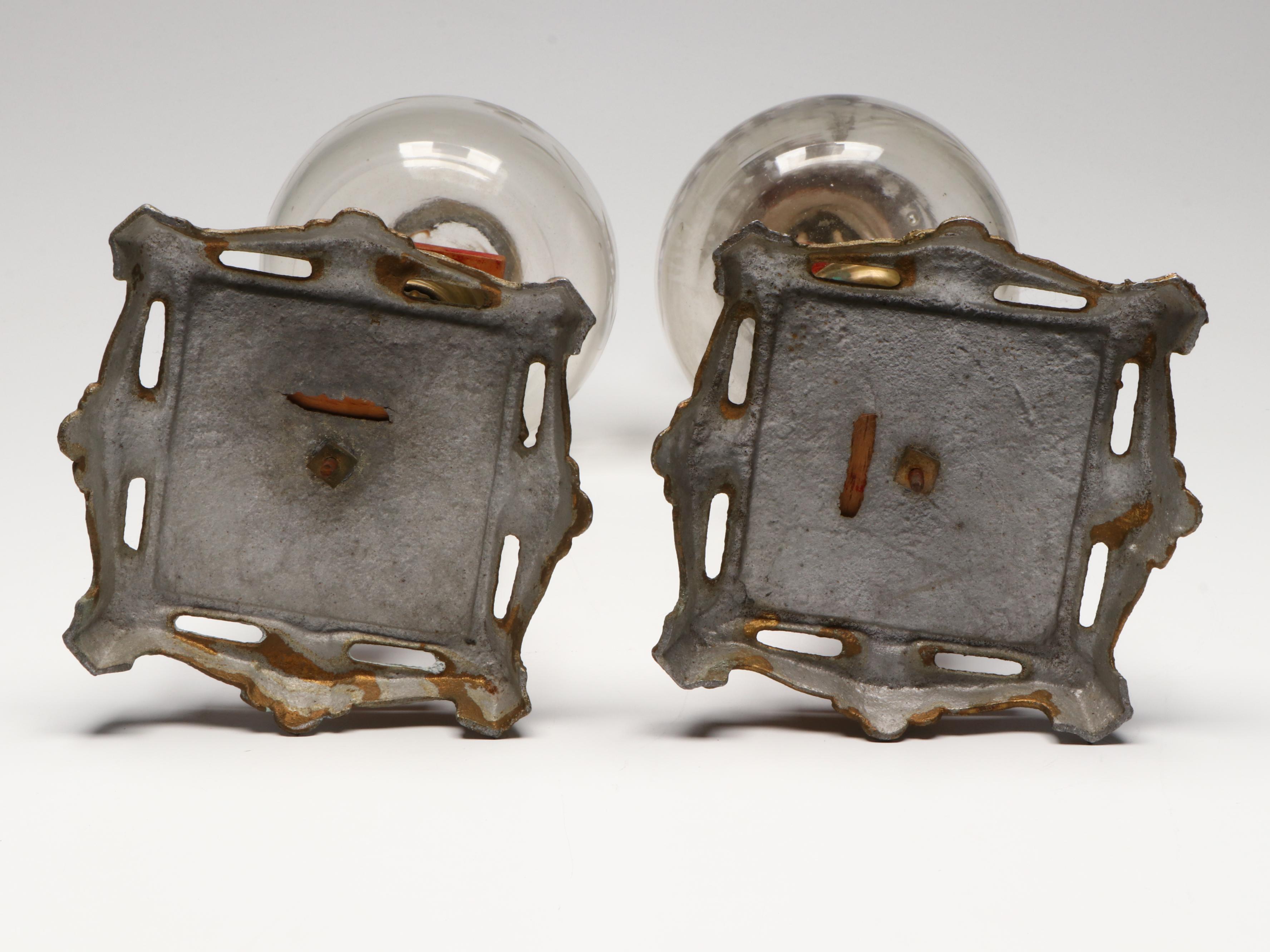 Gilt Metal and Etched Glass Columnar Double Wick Oil Lamps