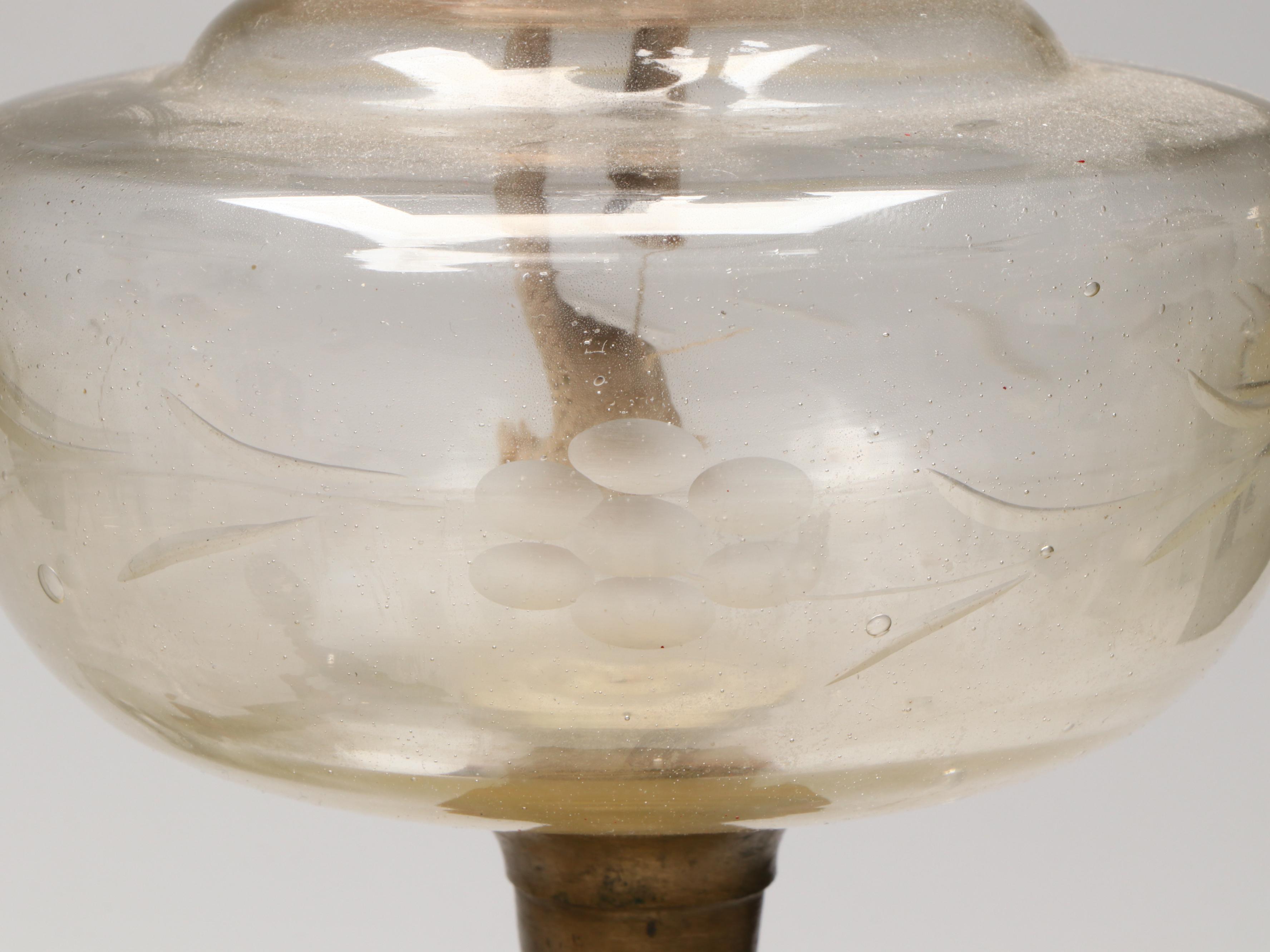 Gilt Metal and Etched Glass Columnar Double Wick Oil Lamps