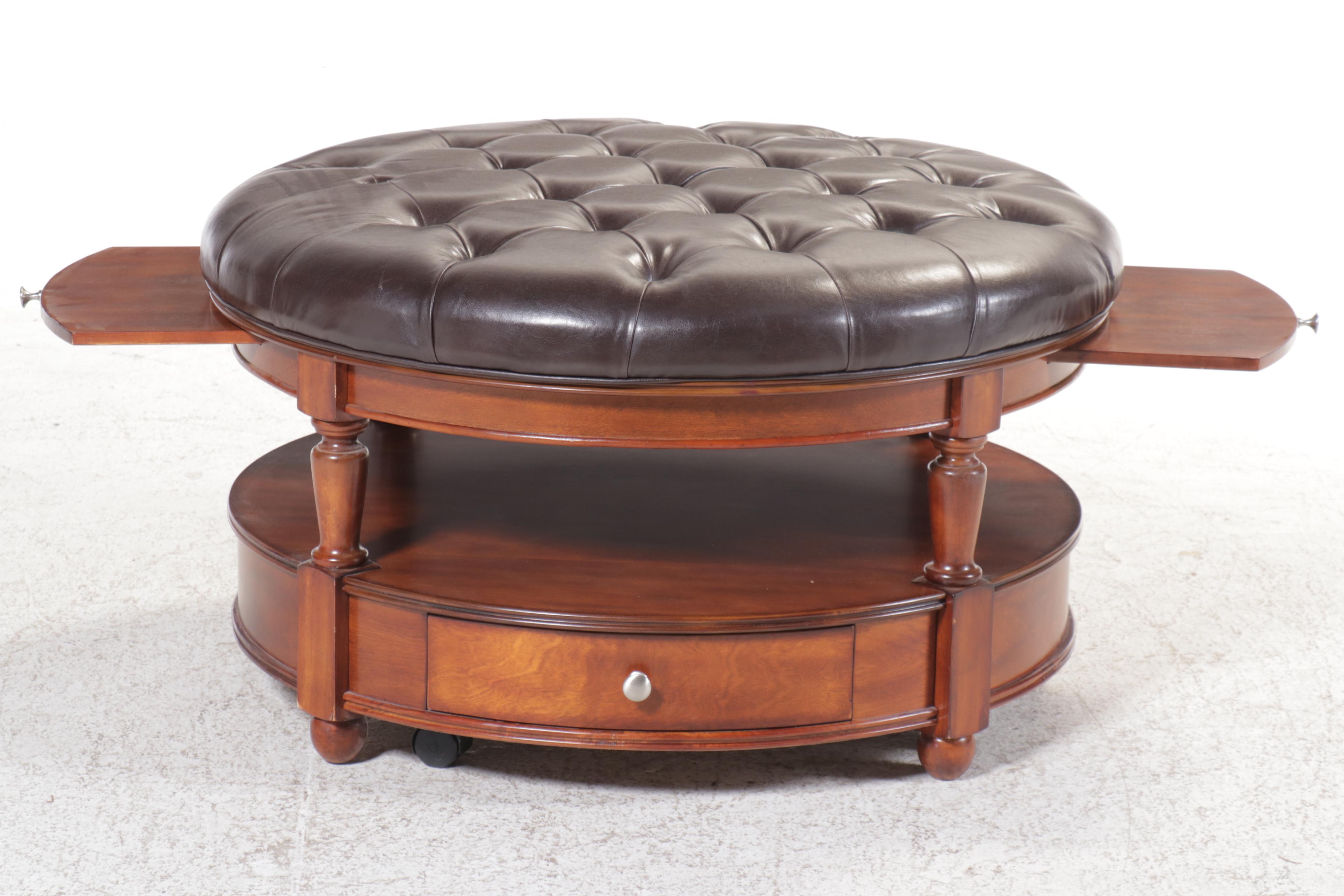 Edwardian Style Two-Tier Tufted Faux Leather Ottoman Coffee Table